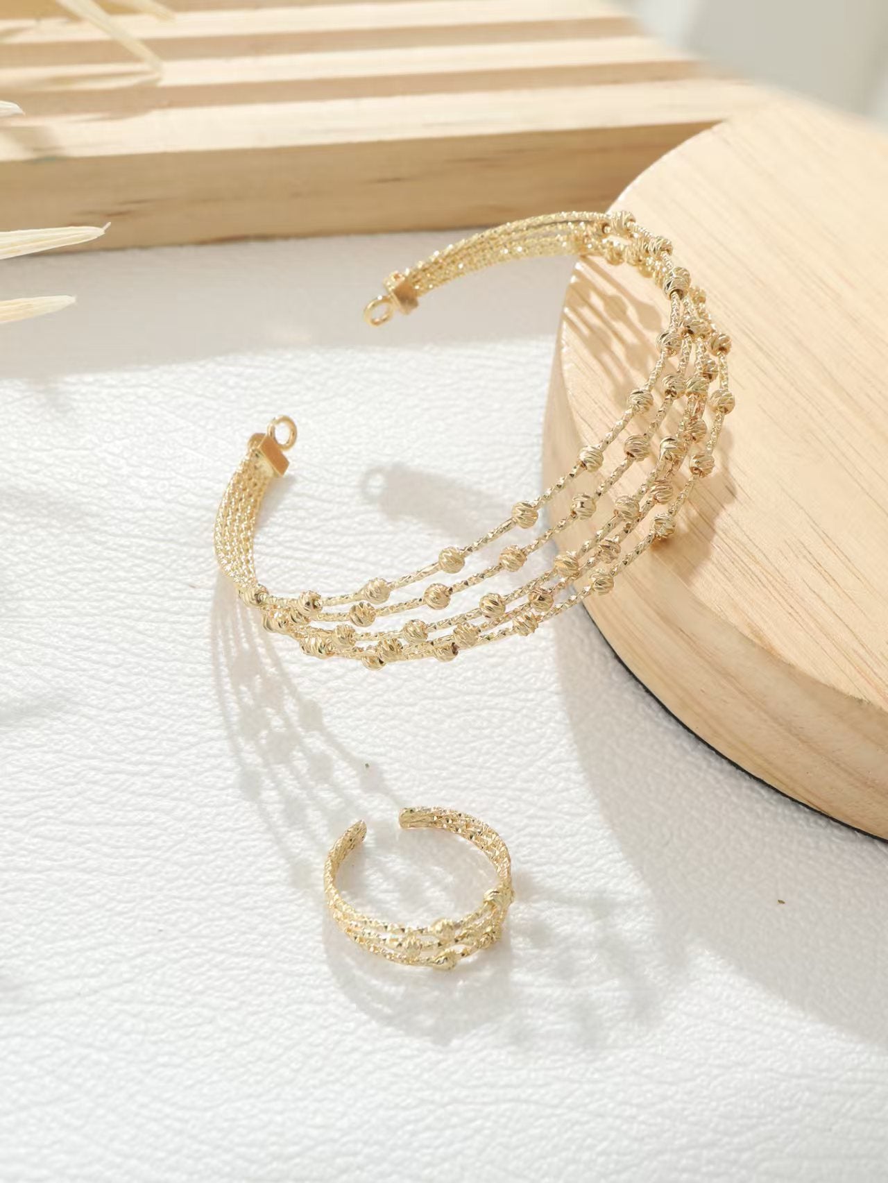 Bohemian C Shape Bangle For Women With Beading Craft In Copper And 16K Real Gold Plated Water Plating
