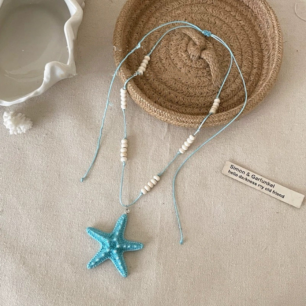 Handmade Starfish Necklace For Women In White & Blue With Mixed Materials And Woven Chain, Sweet Style