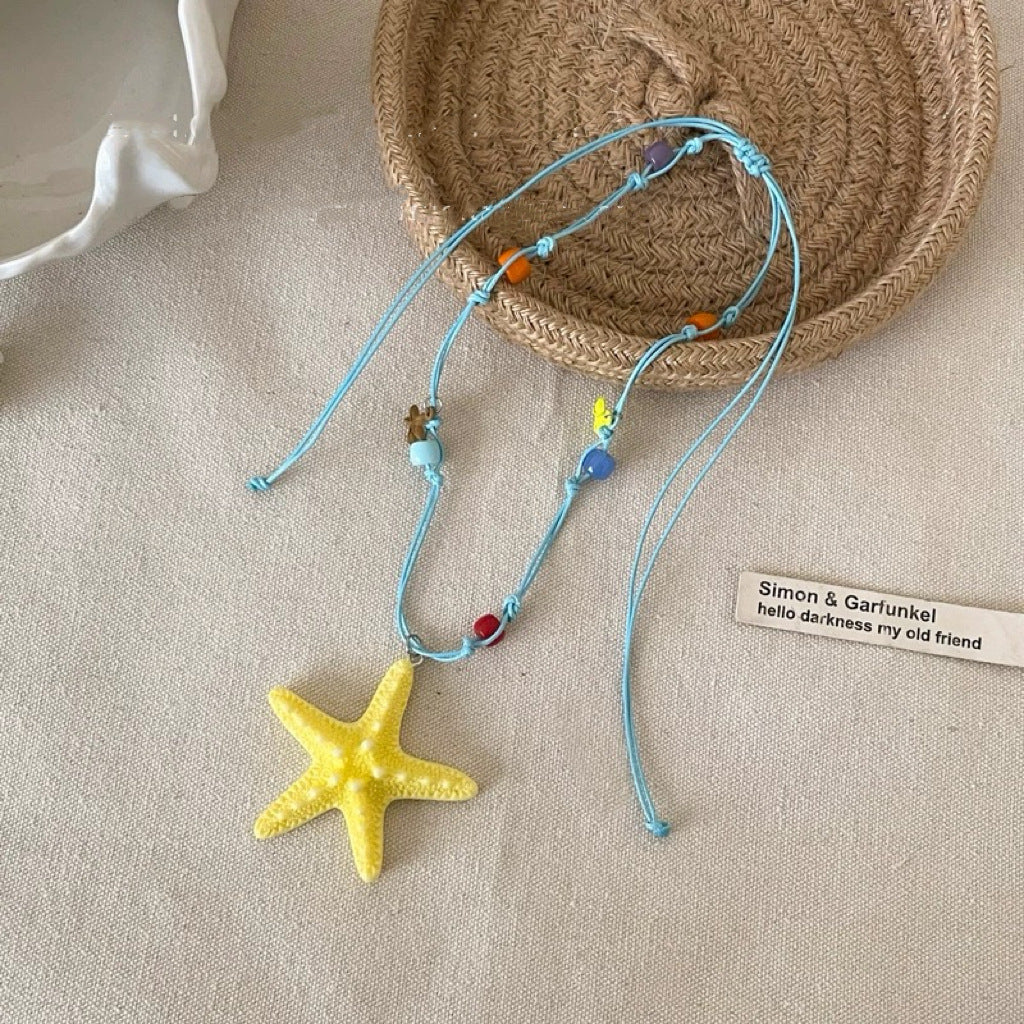 Ocean Pattern Sweet Long Necklace For Women With White And Blue Resin Beads And Woven Braid Chain