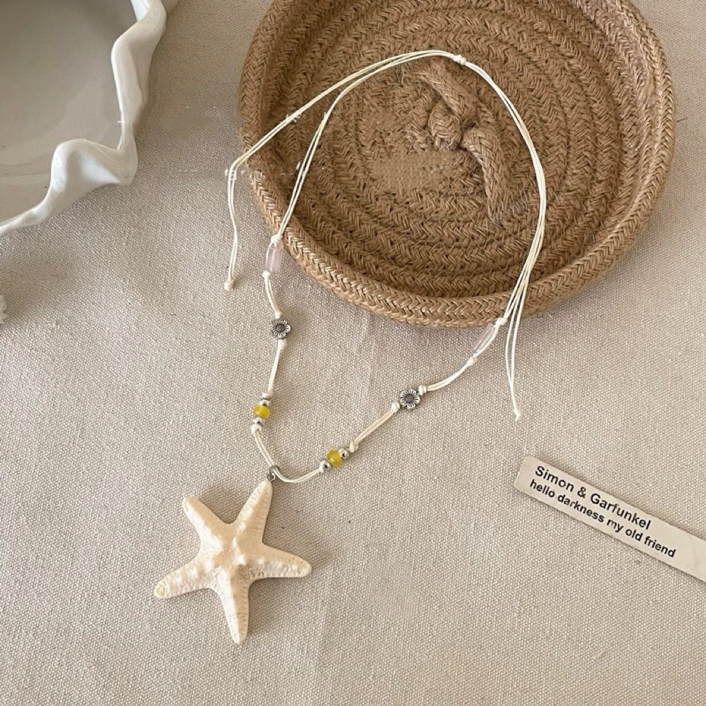Ocean Pattern Sweet Long Necklace For Women With White And Blue Resin Beads And Woven Braid Chain
