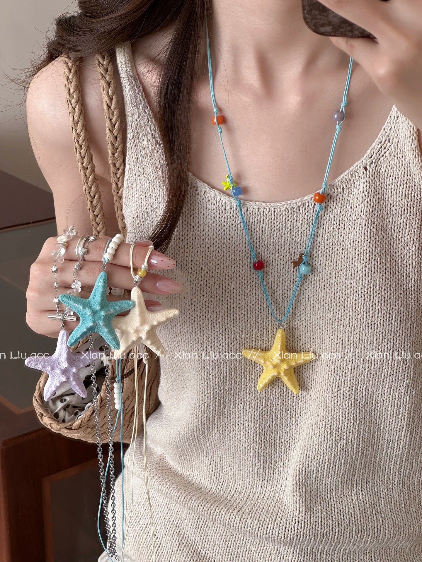 Handmade Starfish Necklace For Women In White & Blue With Mixed Materials And Woven Chain, Sweet Style