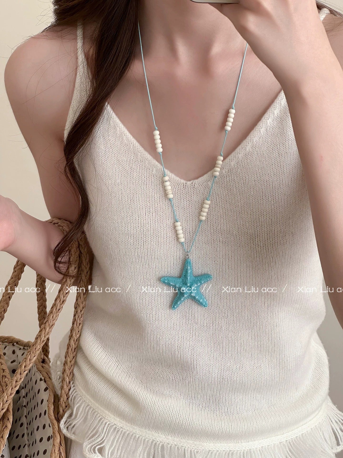 Ocean Pattern Sweet Long Necklace For Women With White And Blue Resin Beads And Woven Braid Chain