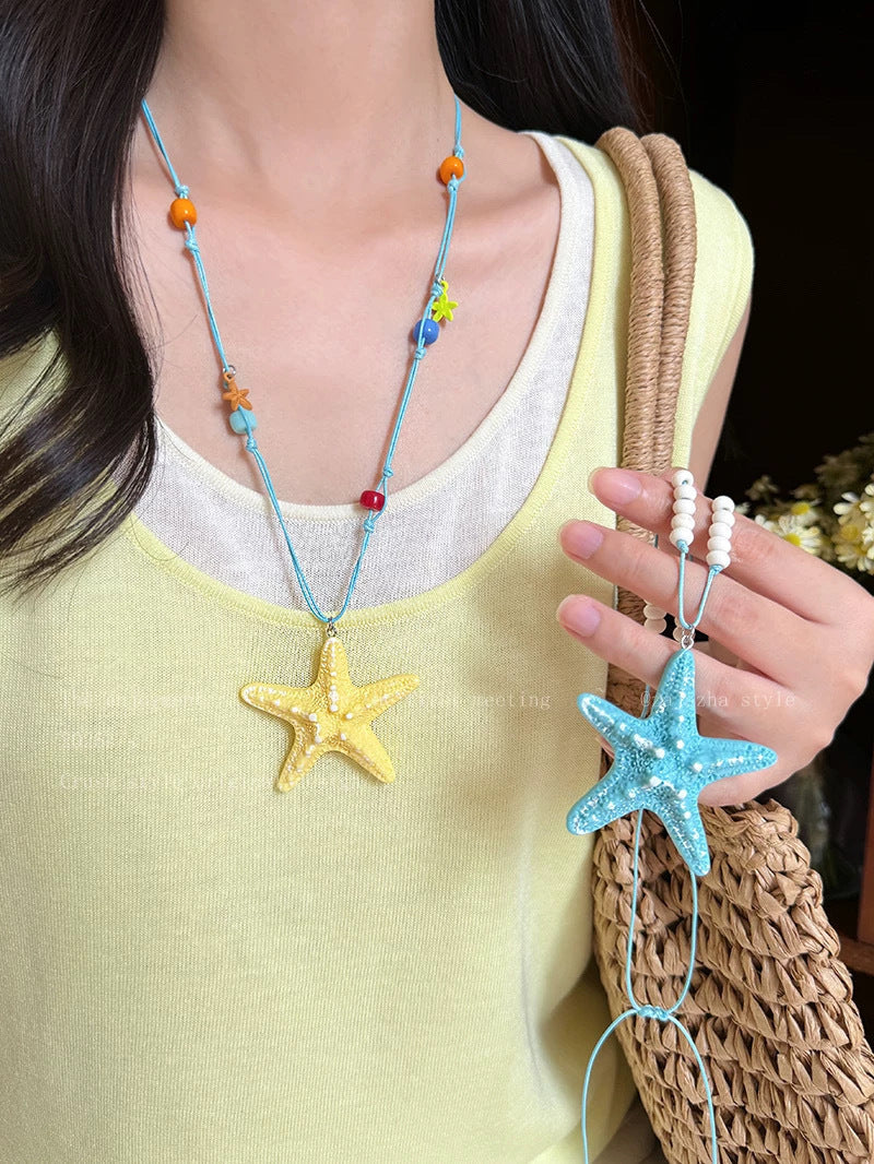 Handmade Starfish Necklace For Women In White & Blue With Mixed Materials And Woven Chain, Sweet Style