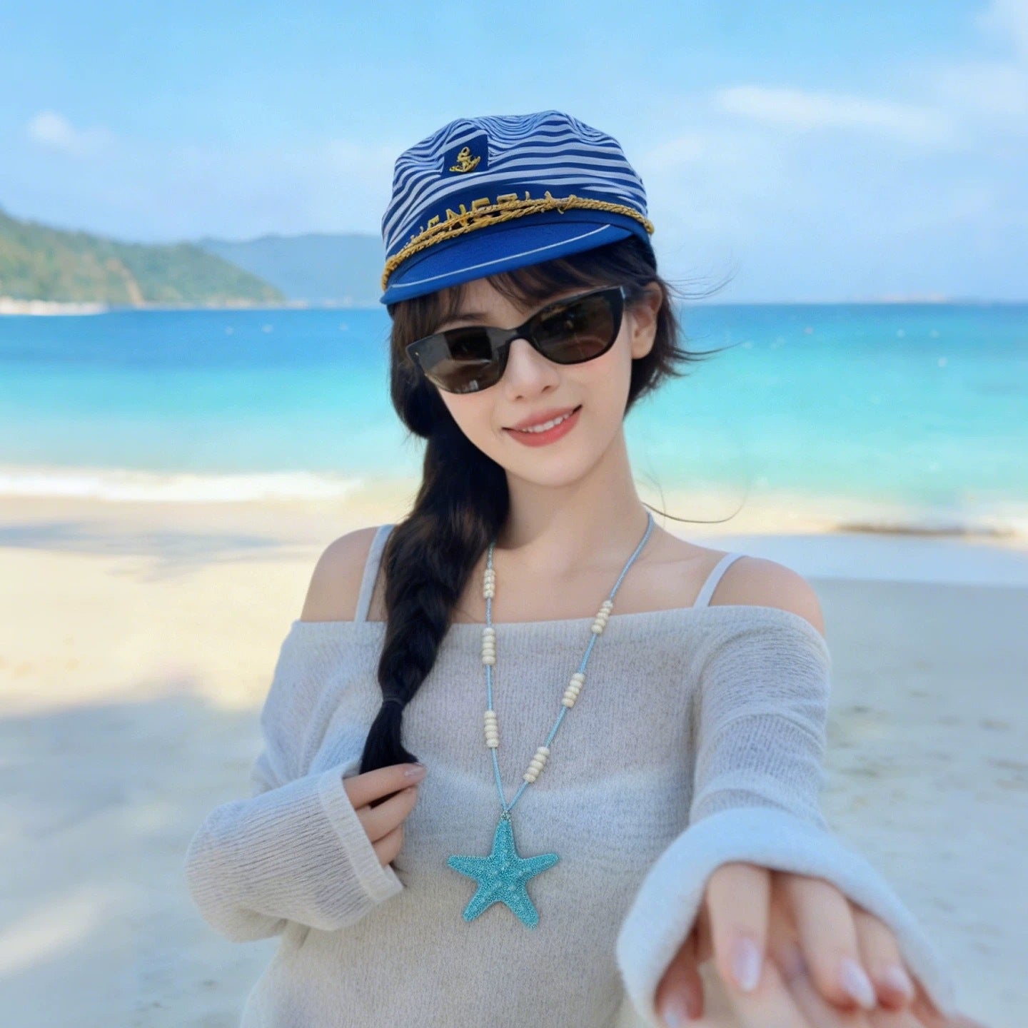 Handmade Starfish Necklace For Women In White & Blue With Mixed Materials And Woven Chain, Sweet Style