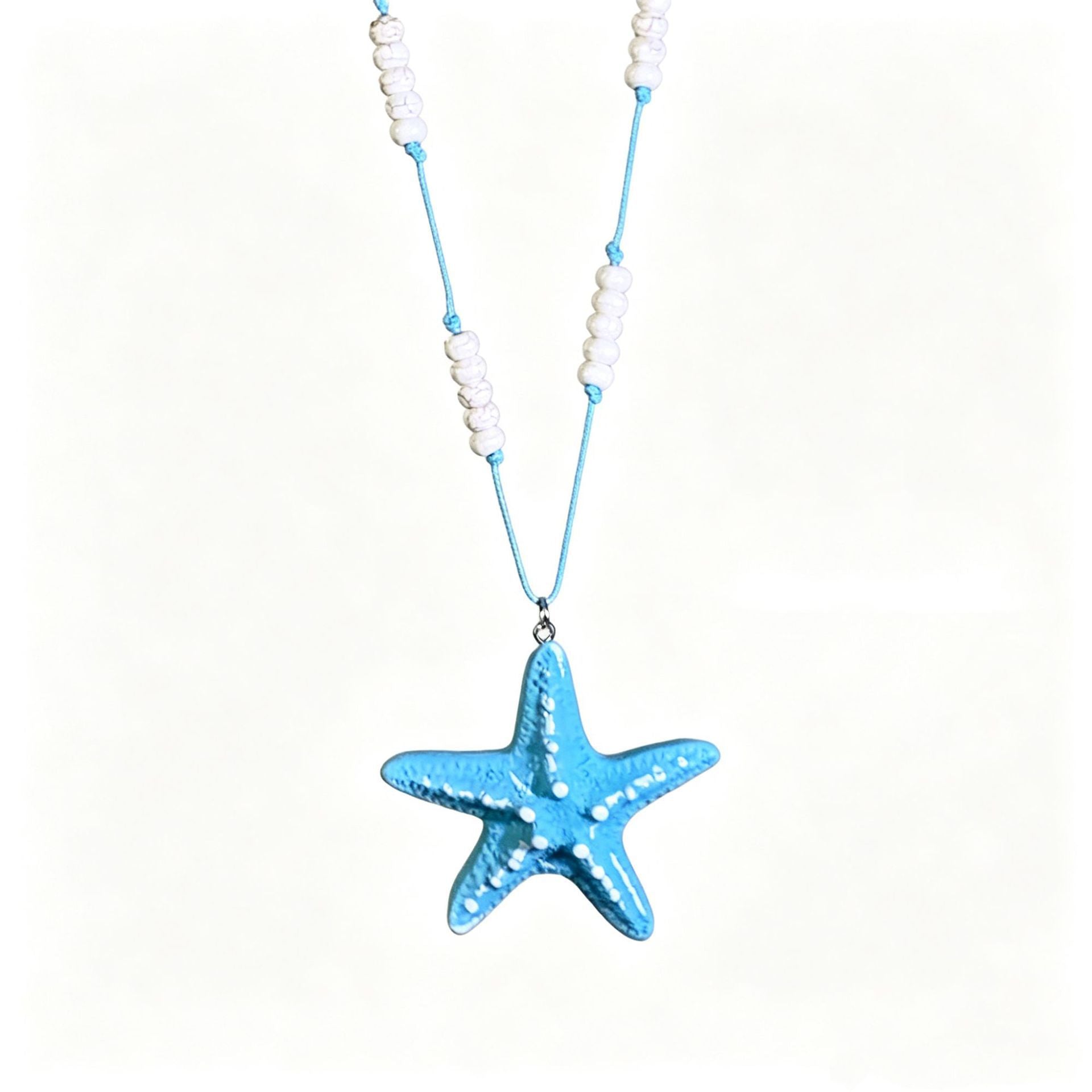 Ocean Pattern Sweet Long Necklace For Women With White And Blue Resin Beads And Woven Braid Chain