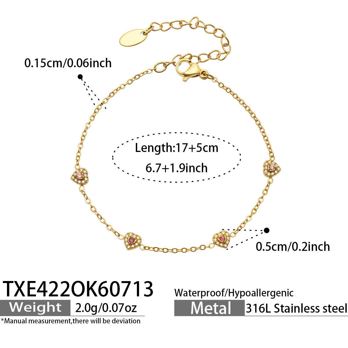 IG Style Geometric Bracelets With Zircon Inlay In 316 Stainless Steel, PVD Coated And 18K Gold Plated Chain