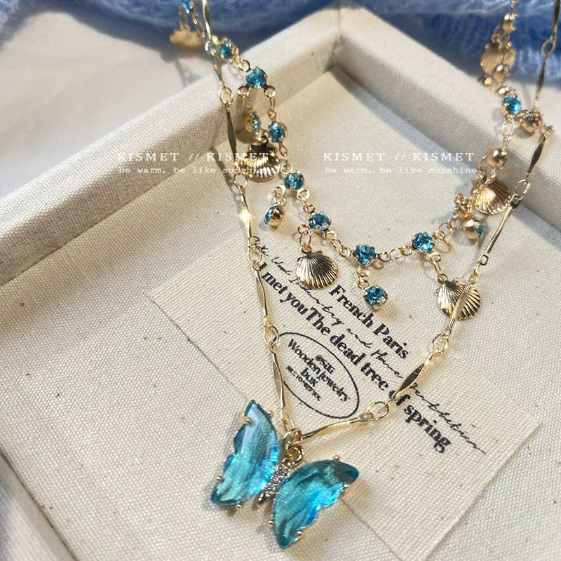 Blue Butterfly Choker Necklace For Women Featuring Copper Chain And Pendant With Electroplated Finish