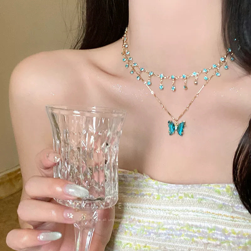 Blue Butterfly Choker Necklace For Women Featuring Copper Chain And Pendant With Electroplated Finish