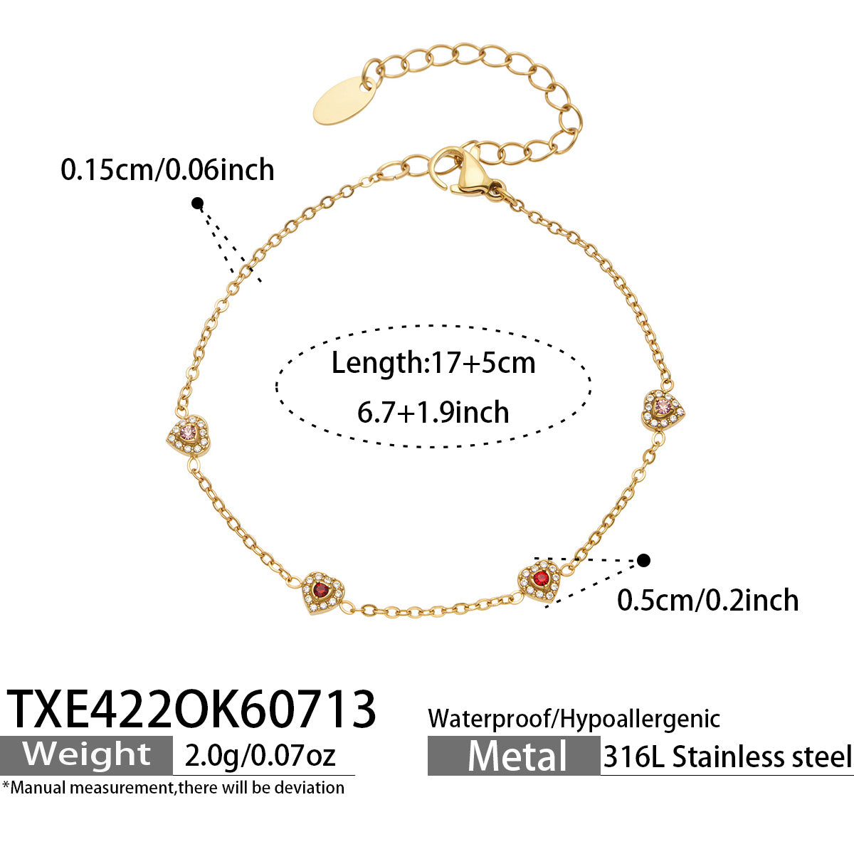 IG Style Geometric Bracelets With Zircon Inlay In 316 Stainless Steel, PVD Coated And 18K Gold Plated Chain