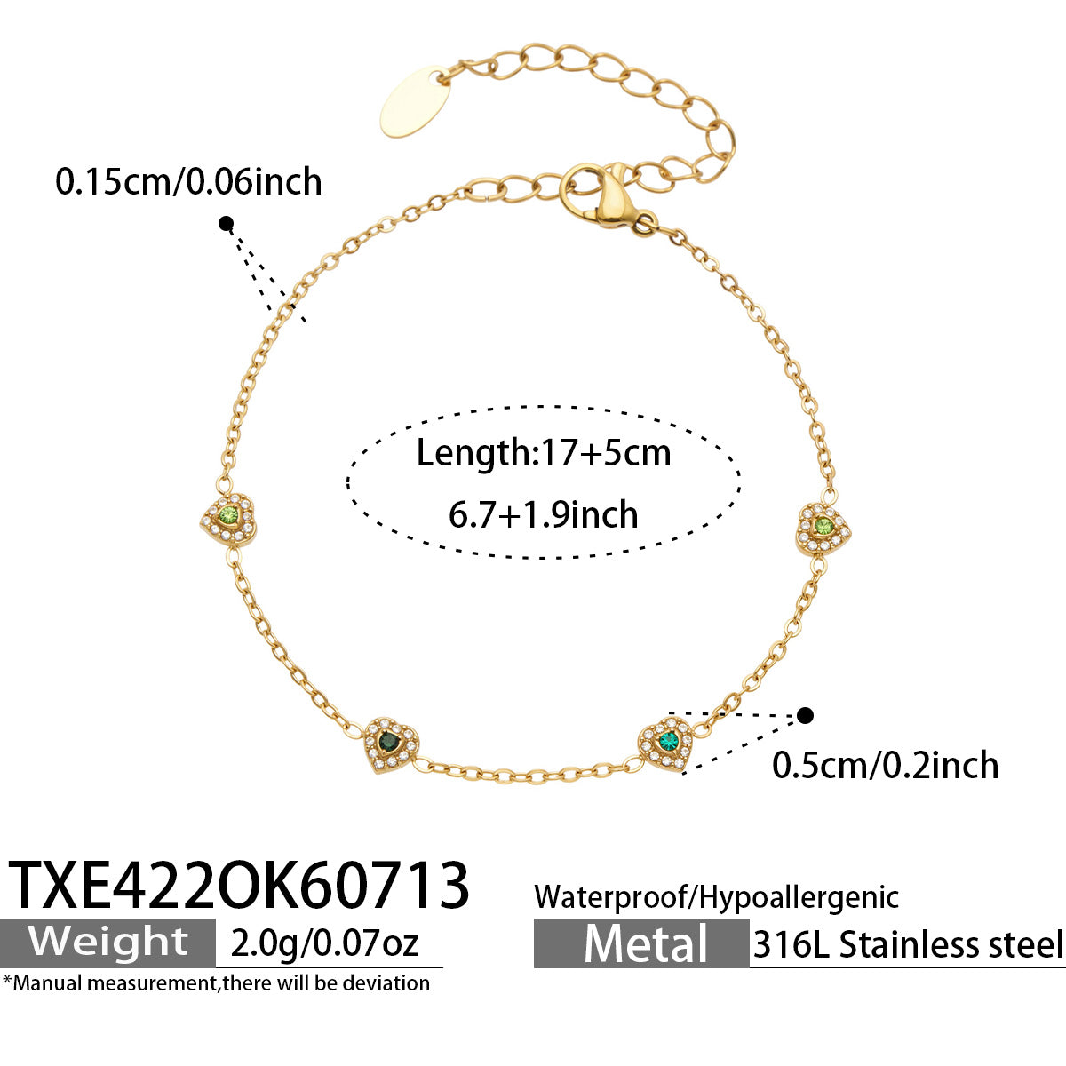 IG Style Geometric Bracelets With Zircon Inlay In 316 Stainless Steel, PVD Coated And 18K Gold Plated Chain