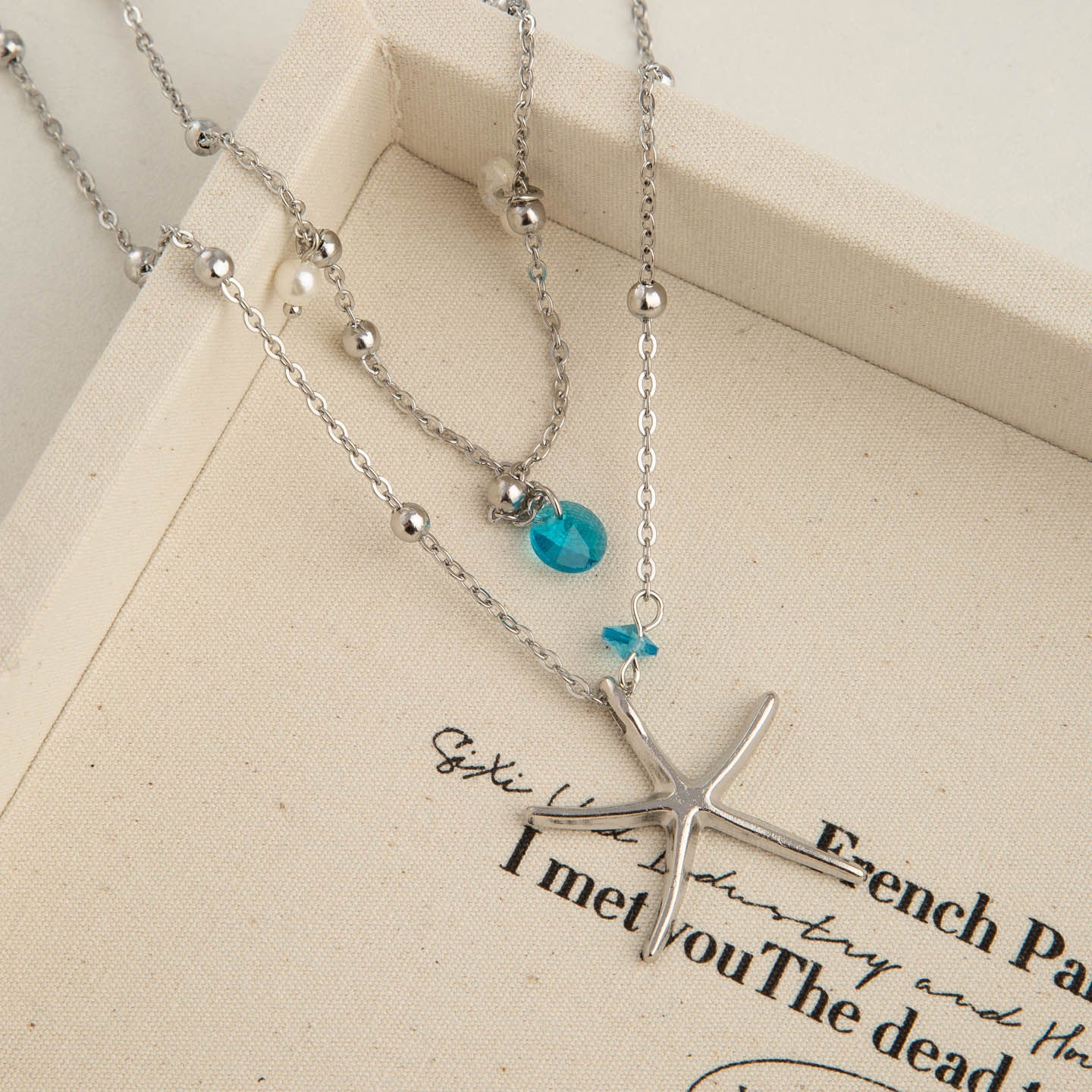 Starfish Double Layer Necklace In Marine Style With Blue Rhinestones, Titanium Steel Pendant Material For Women