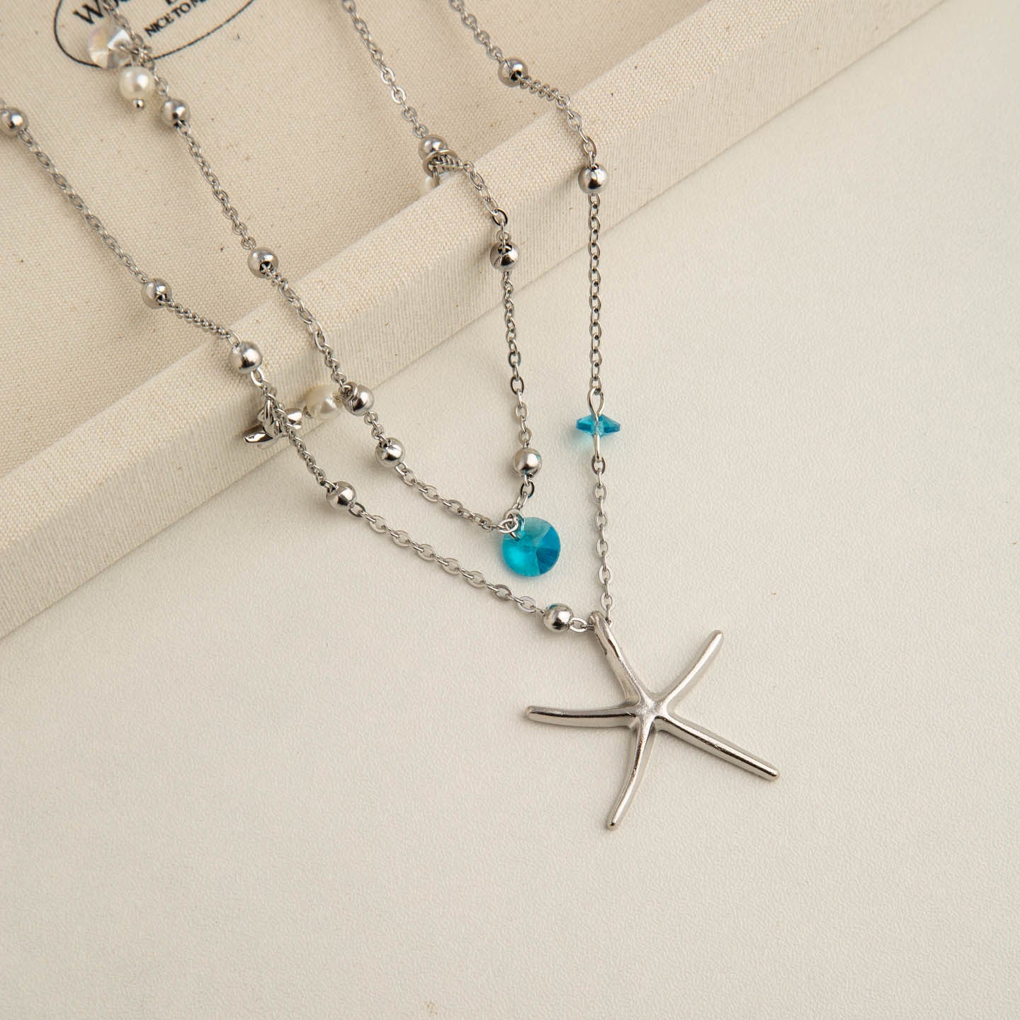 Starfish Double Layer Necklace In Marine Style With Blue Rhinestones, Titanium Steel Pendant Material For Women