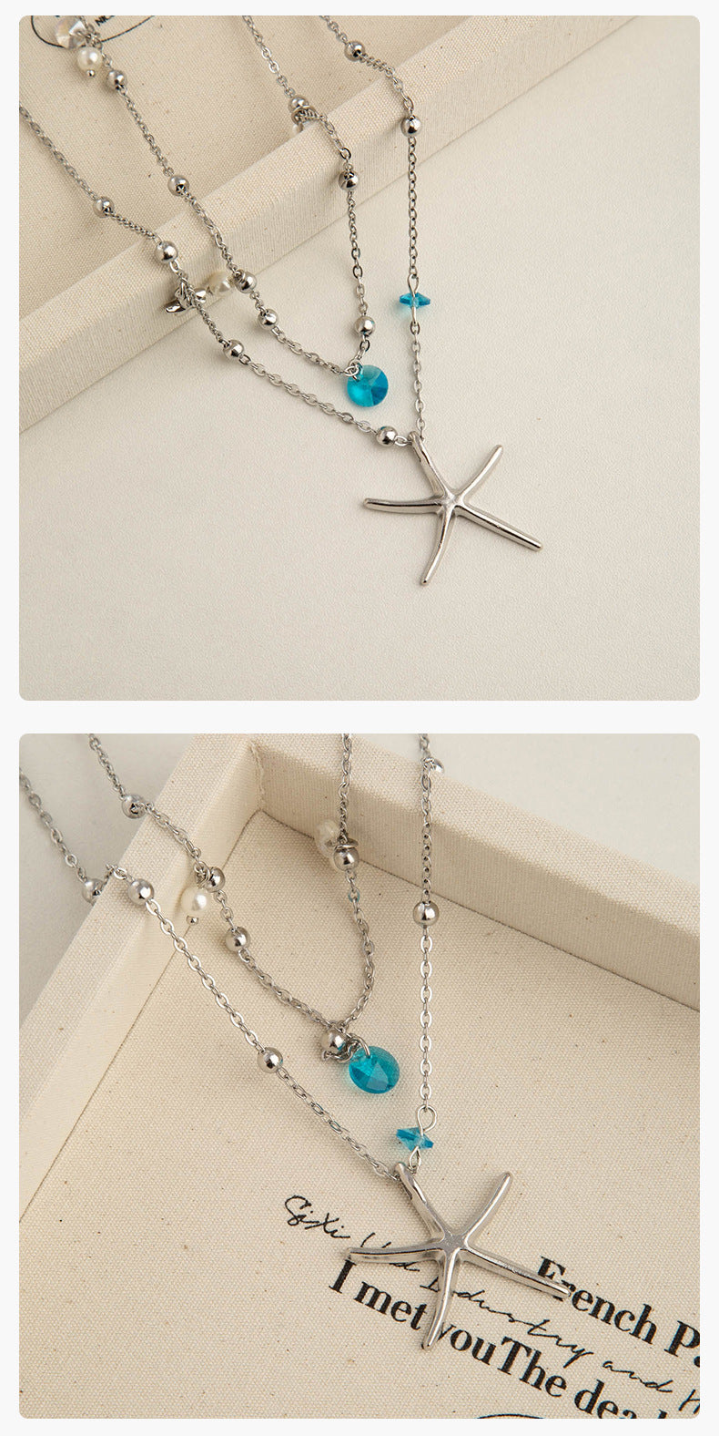 Starfish Double Layer Necklace In Marine Style With Blue Rhinestones, Titanium Steel Pendant Material For Women