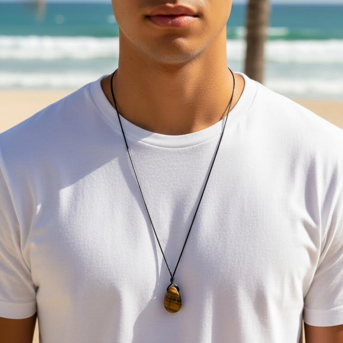 Simple Style Irregular Asymmetrical Pendant Necklace With Tiger Eye Inlay, Unisex Design On Leather Rope Chain