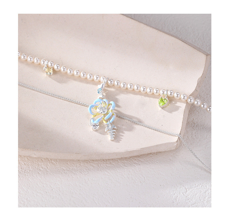 Sweet Double Layer Flowers Necklace For Women In Electroplated Alloy With Colour Accent