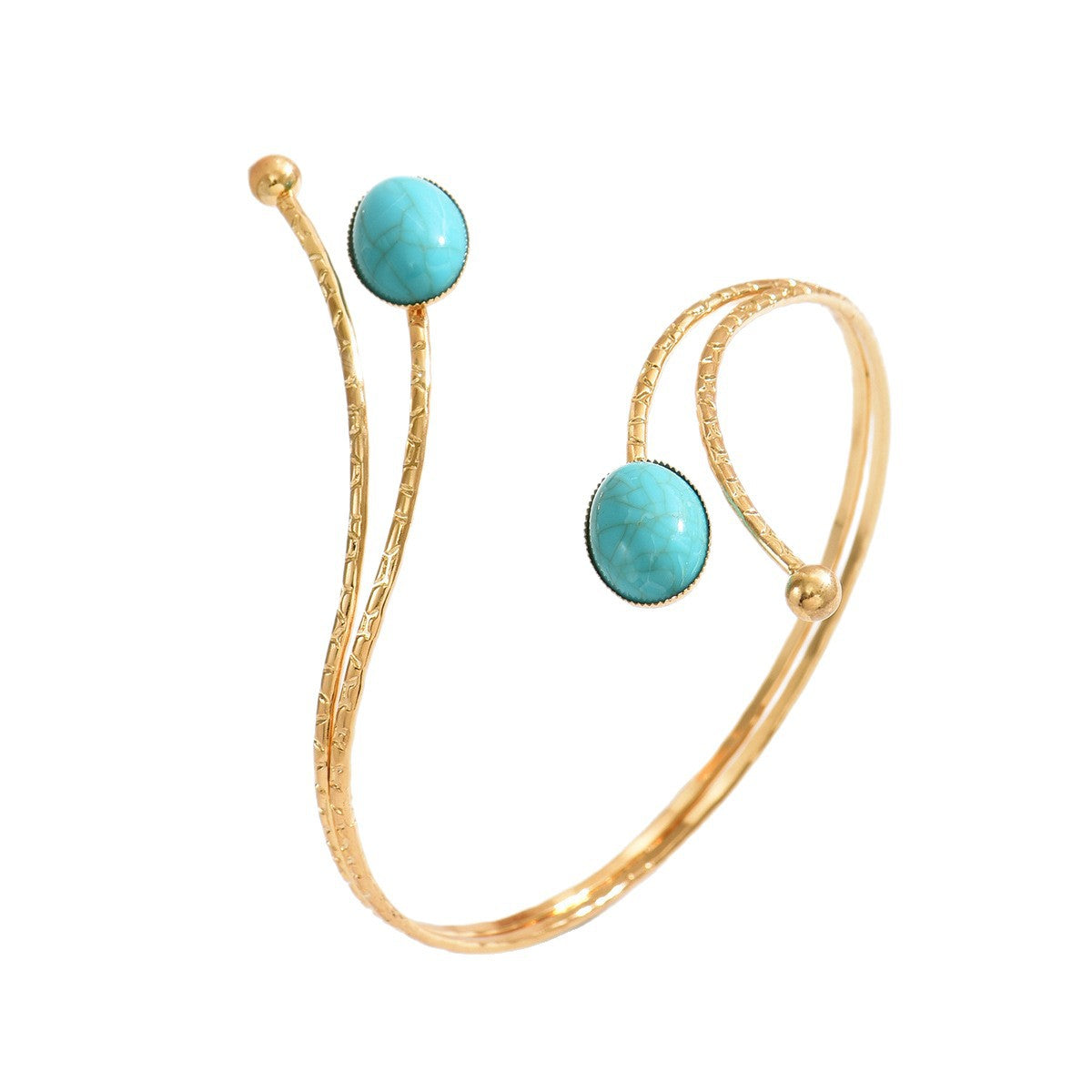 Exaggerated Oval Gold Arm Cuff Bangle In Electroplated Metal Featuring Turquoise Inlay