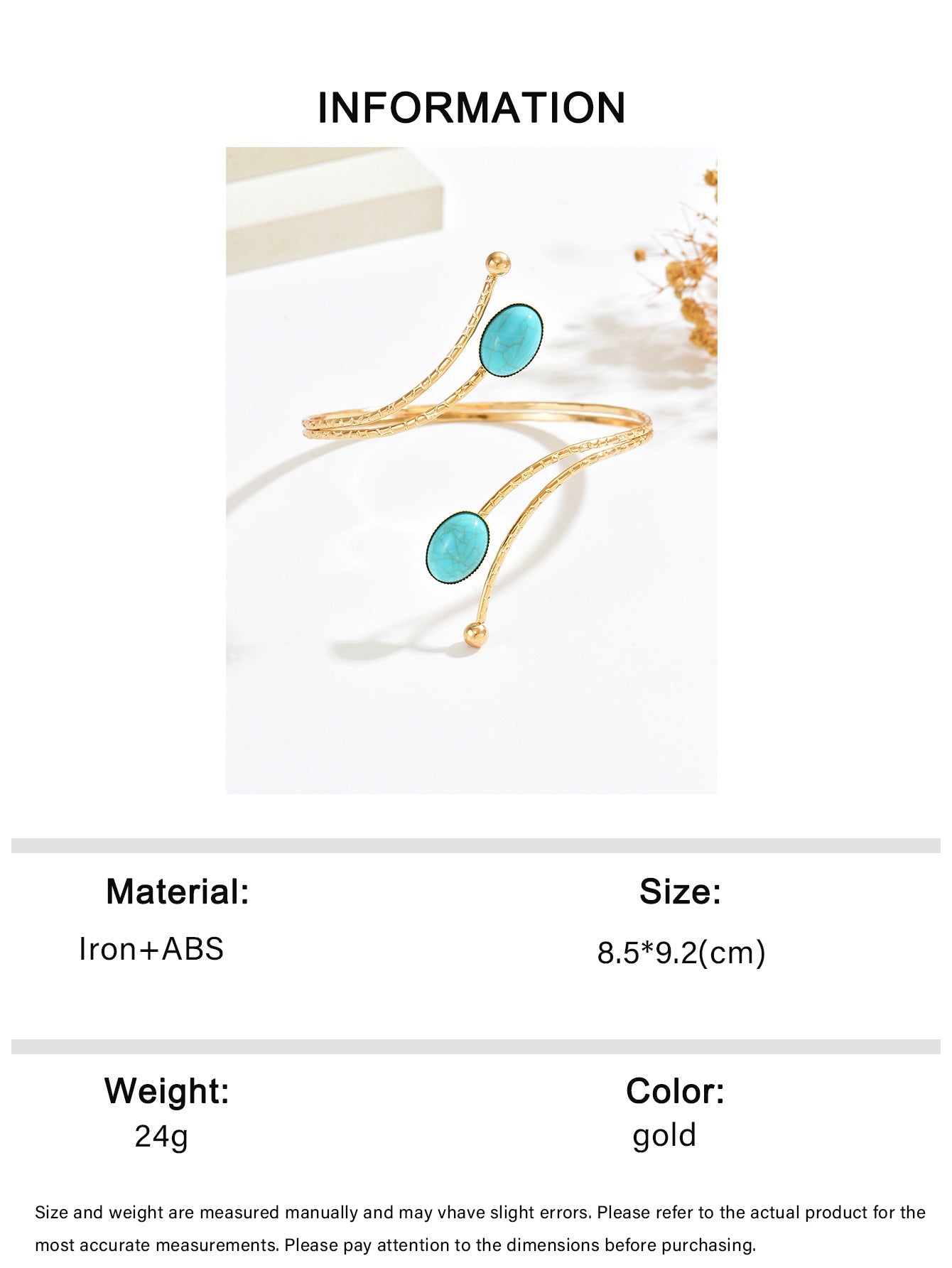 Exaggerated Oval Gold Arm Cuff Bangle In Electroplated Metal Featuring Turquoise Inlay
