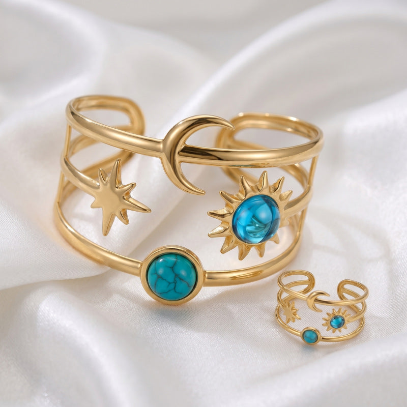 Bohemian Moon Jewelry Set For Women In Gold Featuring Ferroalloy Material