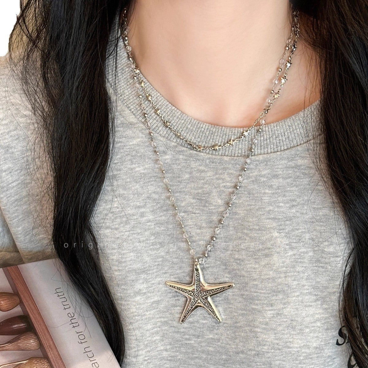Ocean Pattern Double Layer Necklace For Women With Sweet Beaded Chain And Alloy Beading