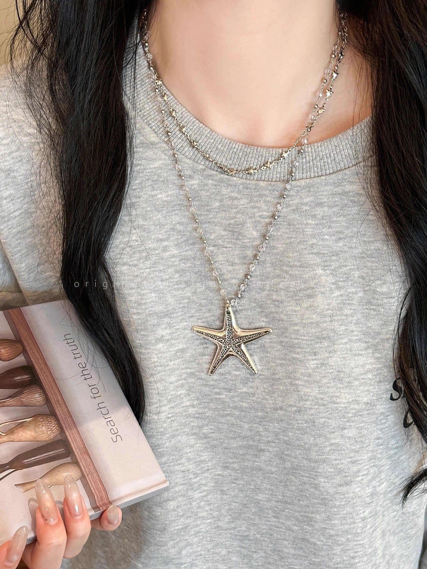 Ocean Pattern Double Layer Necklace For Women With Sweet Beaded Chain And Alloy Beading