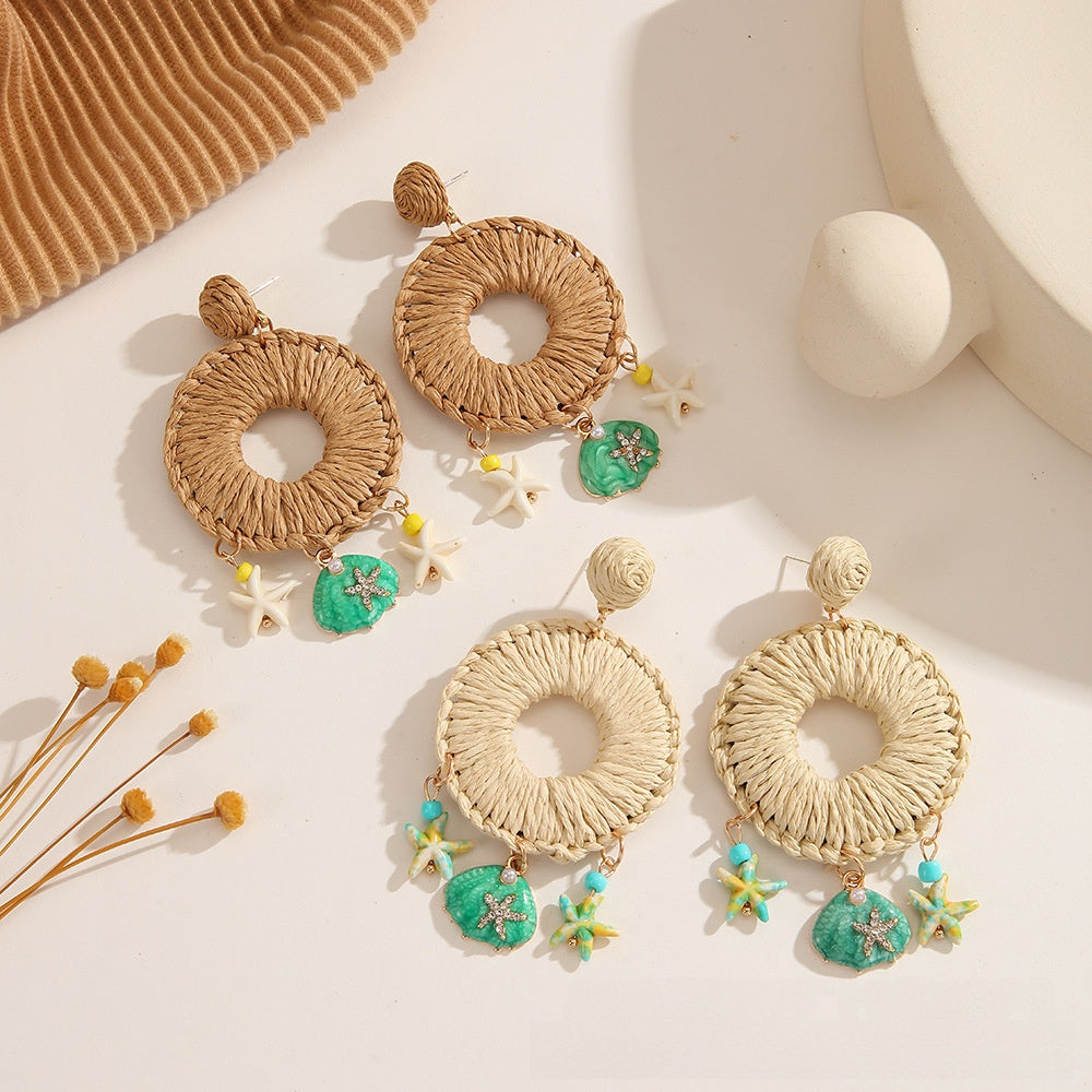 Handmade Bohemian Starfish Earrings For Women In Coffer Color With Raffia And Shell Inlay