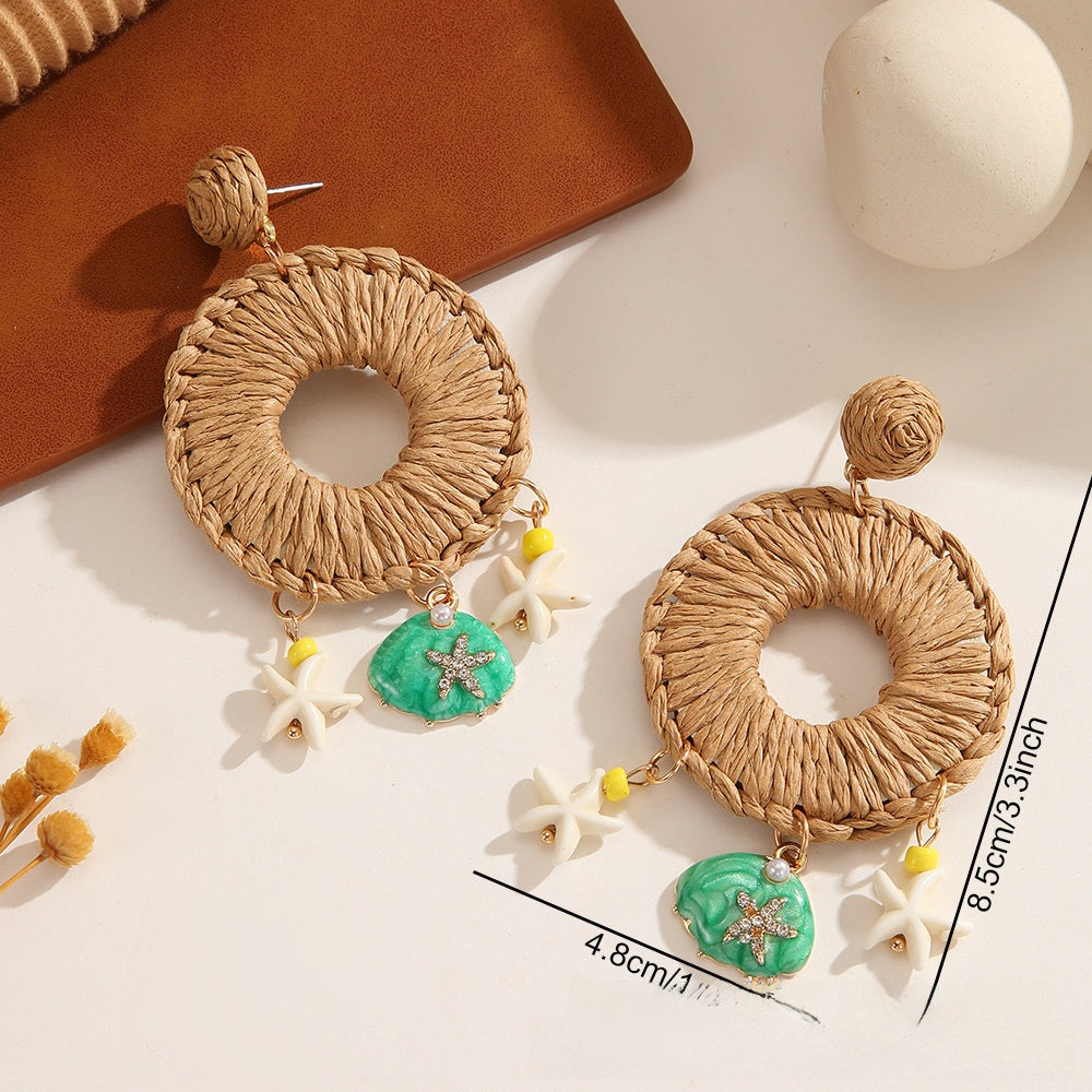 Handmade Bohemian Starfish Earrings For Women In Coffer Color With Raffia And Shell Inlay
