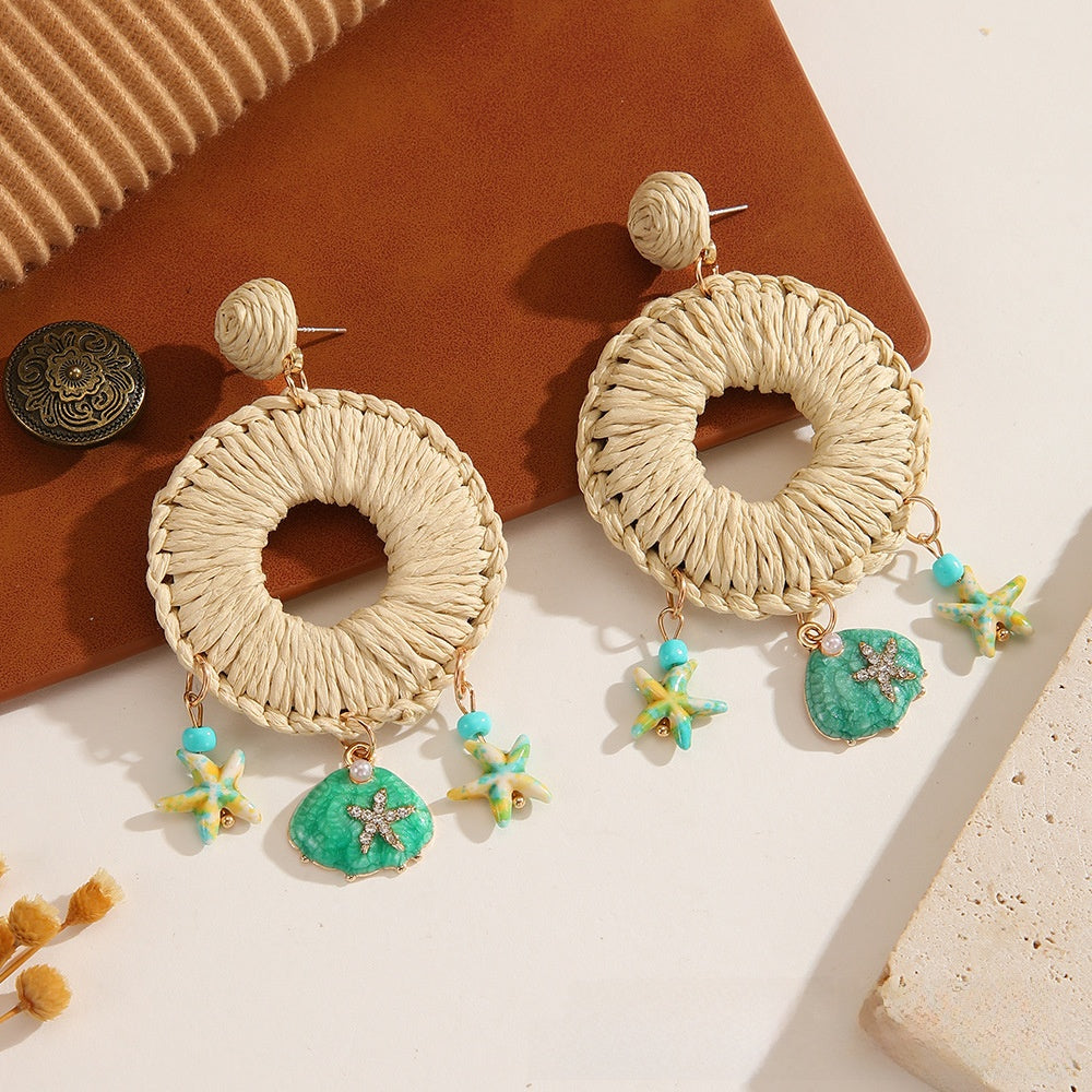 Handmade Bohemian Starfish Earrings For Women In Coffer Color With Raffia And Shell Inlay