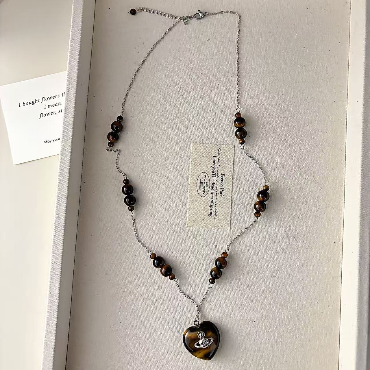 Maillard Style Heart Shape Beaded Chain Sweater Chain For Women Featuring Copper And Tiger Eye Inlay