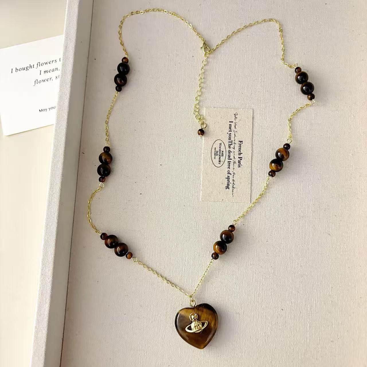 Maillard Style Heart Shape Beaded Chain Sweater Chain For Women Featuring Copper And Tiger Eye Inlay