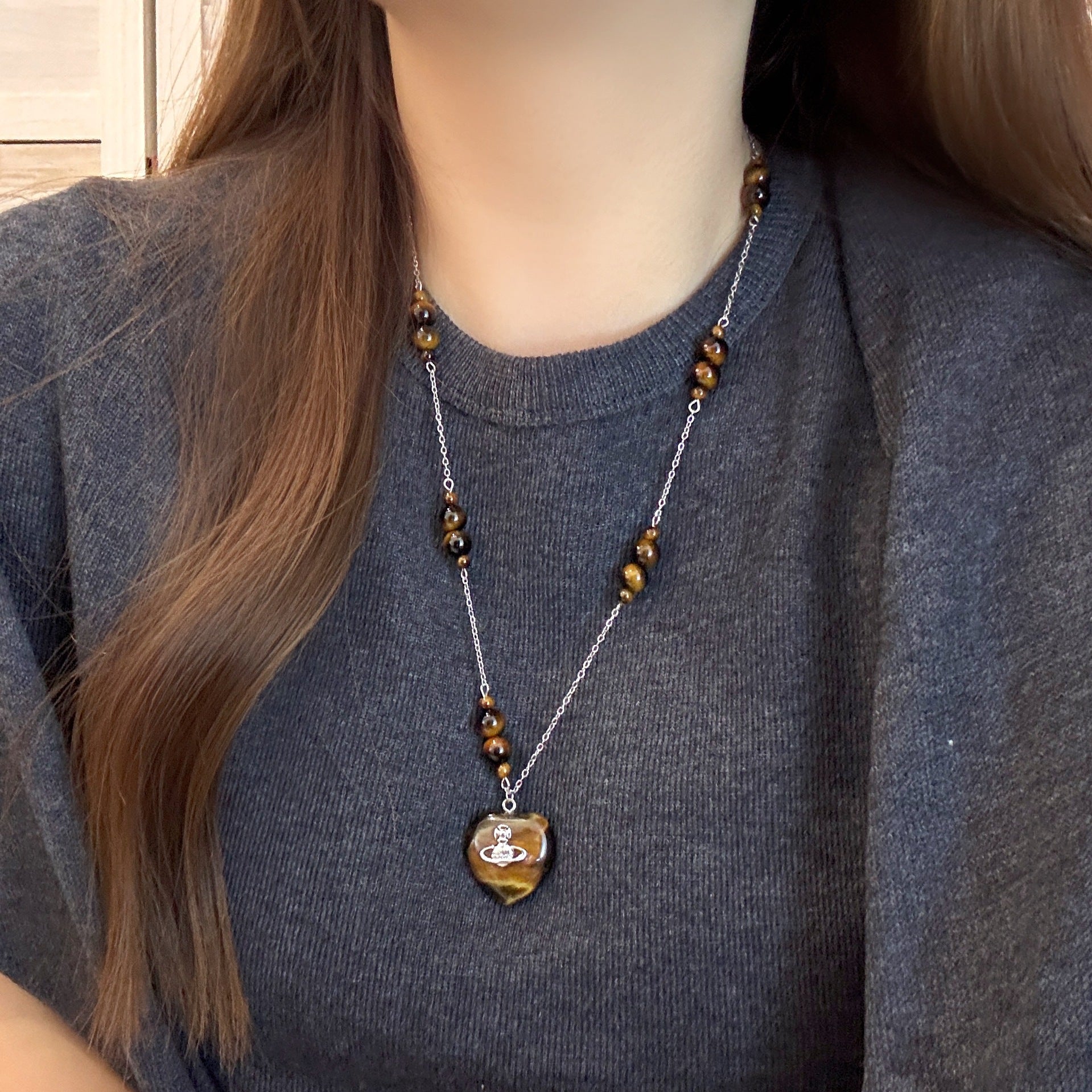 Maillard Style Heart Shape Beaded Chain Sweater Chain For Women Featuring Copper And Tiger Eye Inlay