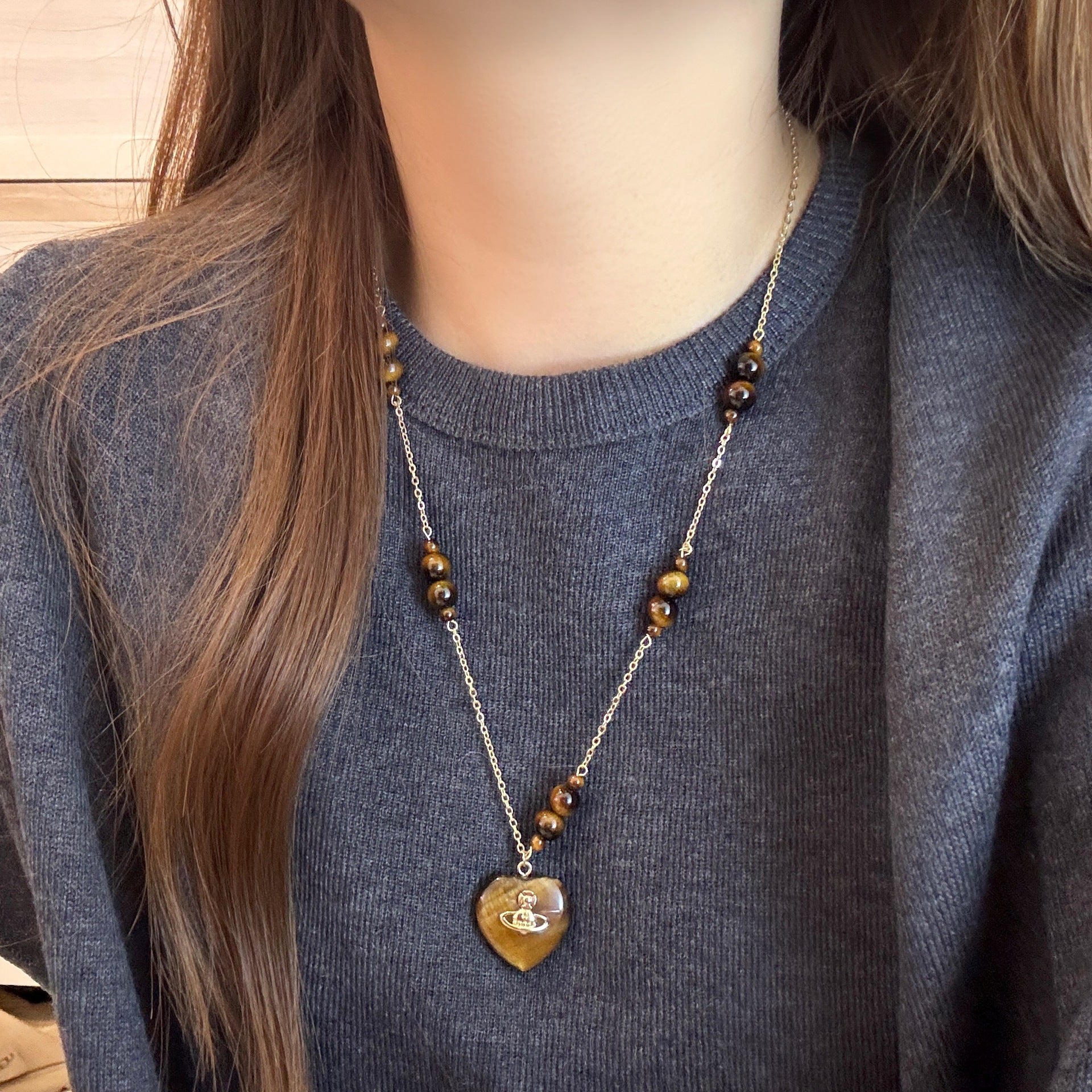 Maillard Style Heart Shape Beaded Chain Sweater Chain For Women Featuring Copper And Tiger Eye Inlay