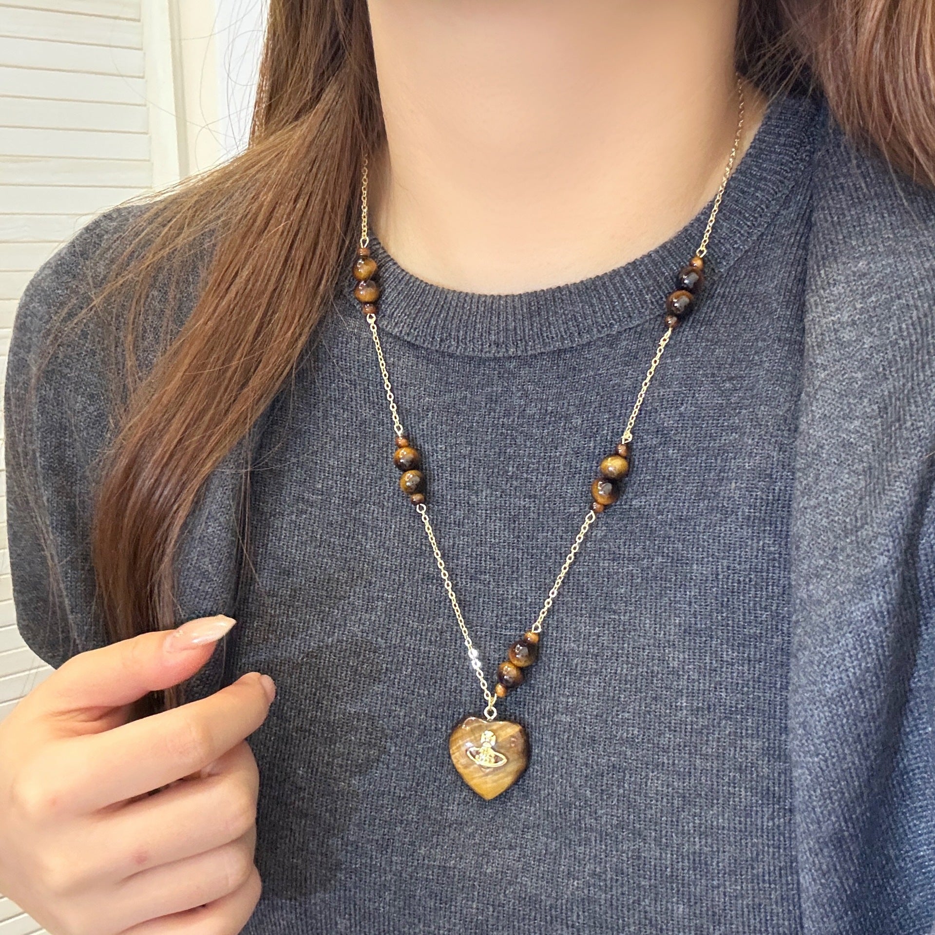 Maillard Style Heart Shape Beaded Chain Sweater Chain For Women Featuring Copper And Tiger Eye Inlay