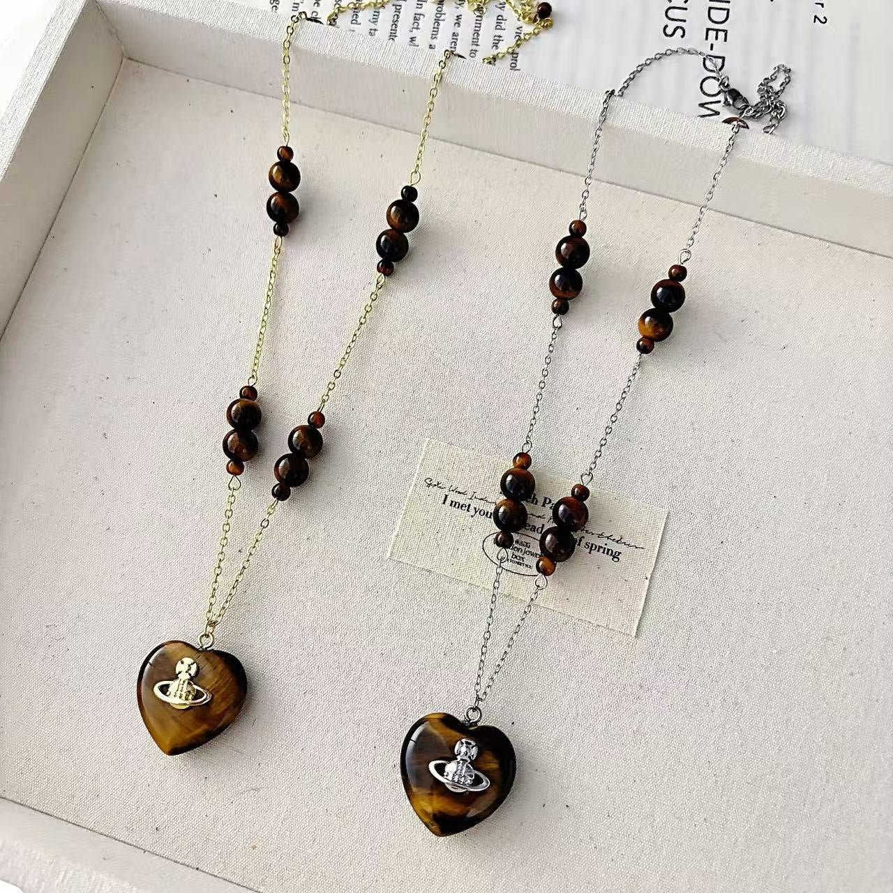 Maillard Style Heart Shape Beaded Chain Sweater Chain For Women Featuring Copper And Tiger Eye Inlay