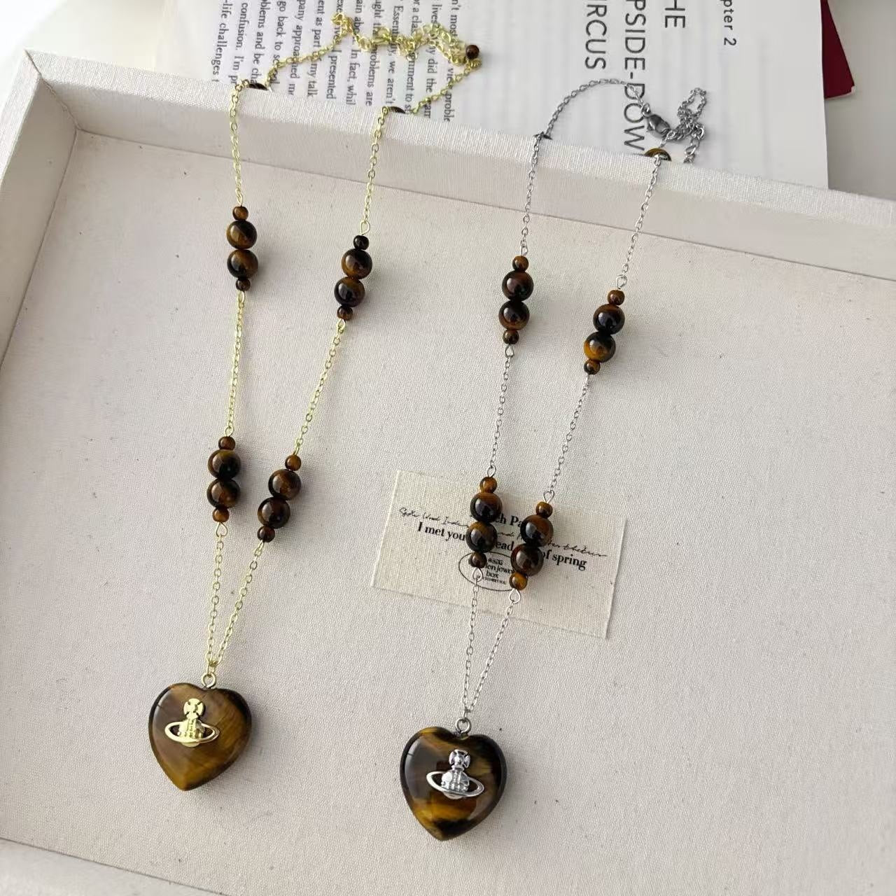 Maillard Style Heart Shape Beaded Chain Sweater Chain For Women Featuring Copper And Tiger Eye Inlay