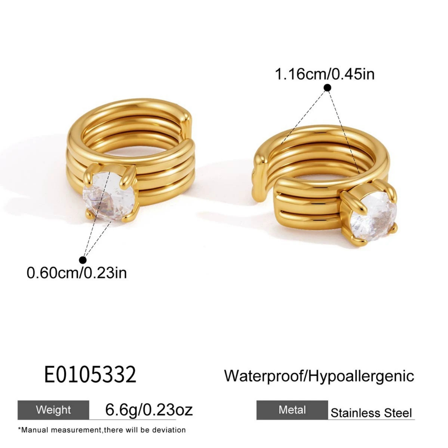 Geometric Hypoallergenic Clip Earrings For Women, 304 Stainless Steel With 18K Real Gold Plated PVD Coating And Zircon Inlay