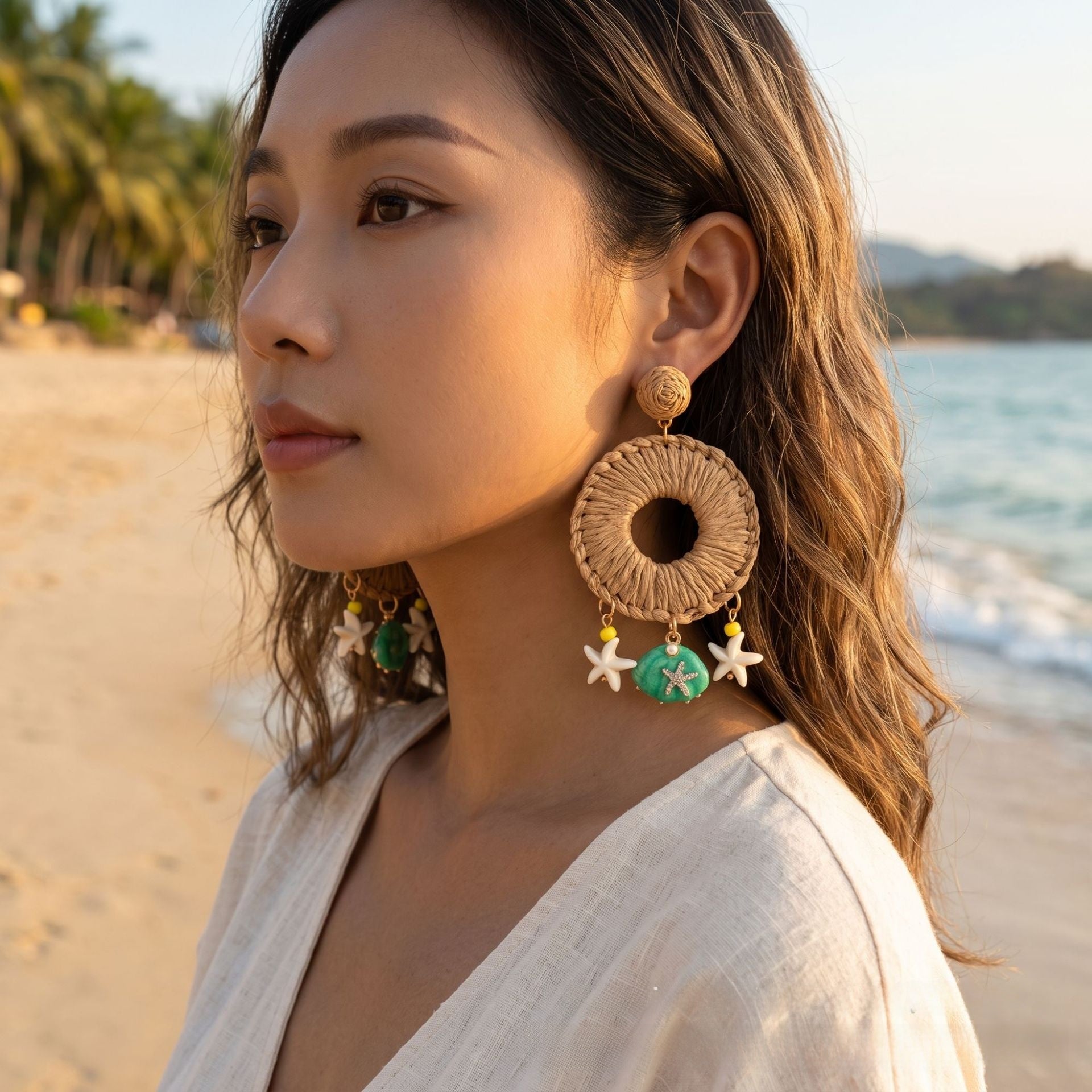 Handmade Bohemian Starfish Earrings For Women In Coffer Color With Raffia And Shell Inlay