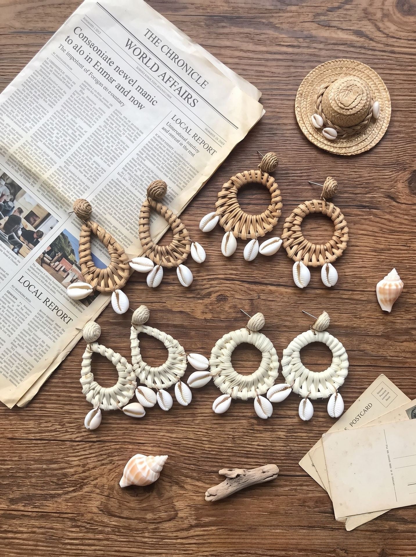 Handmade Ethnic Style Raffia Shell Earrings With 304 Stainless Steel Studs For Women In Coffer Color