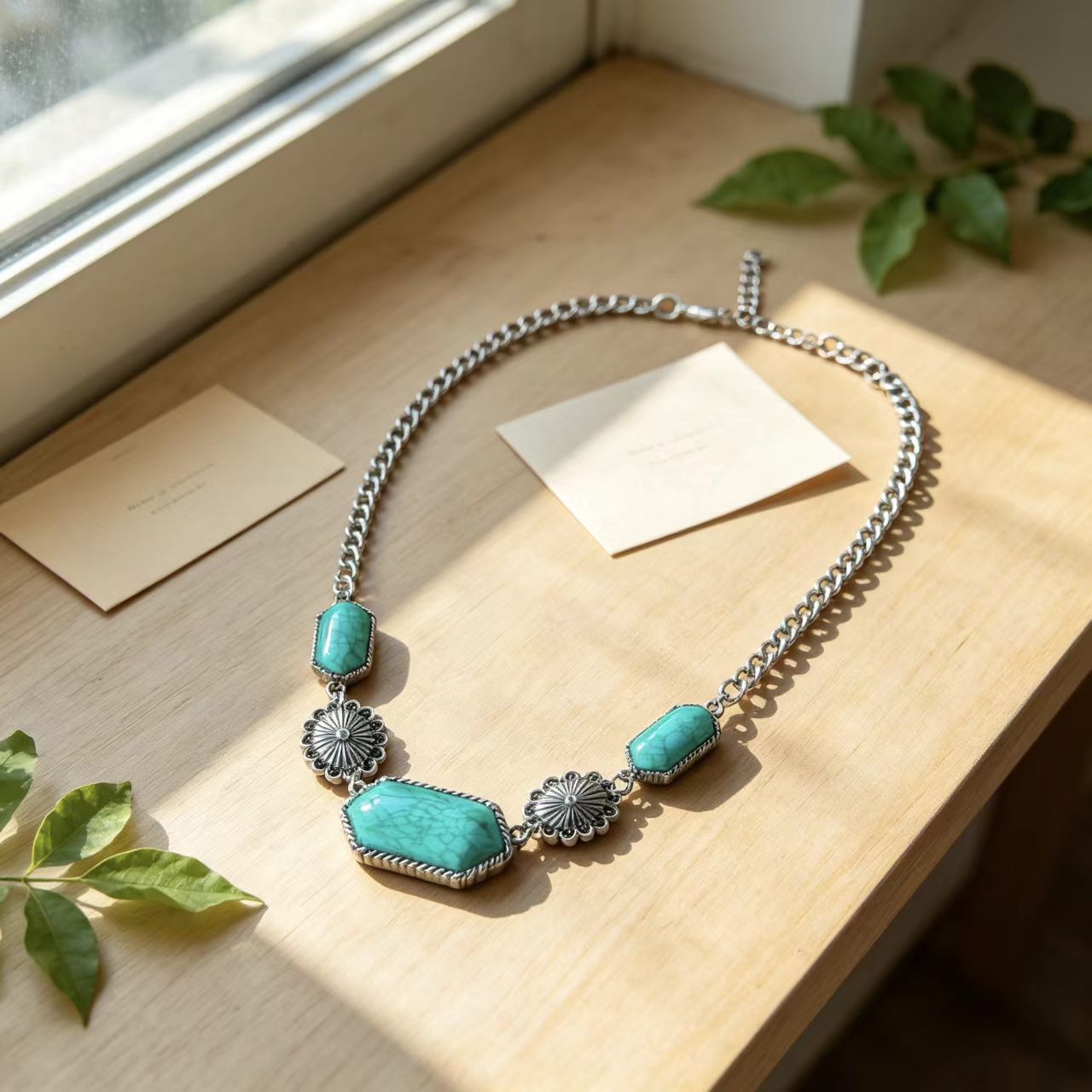 Bohemian Oval Green Turquoise Inlay Necklace For Women Featuring Zinc Alloy Pendant