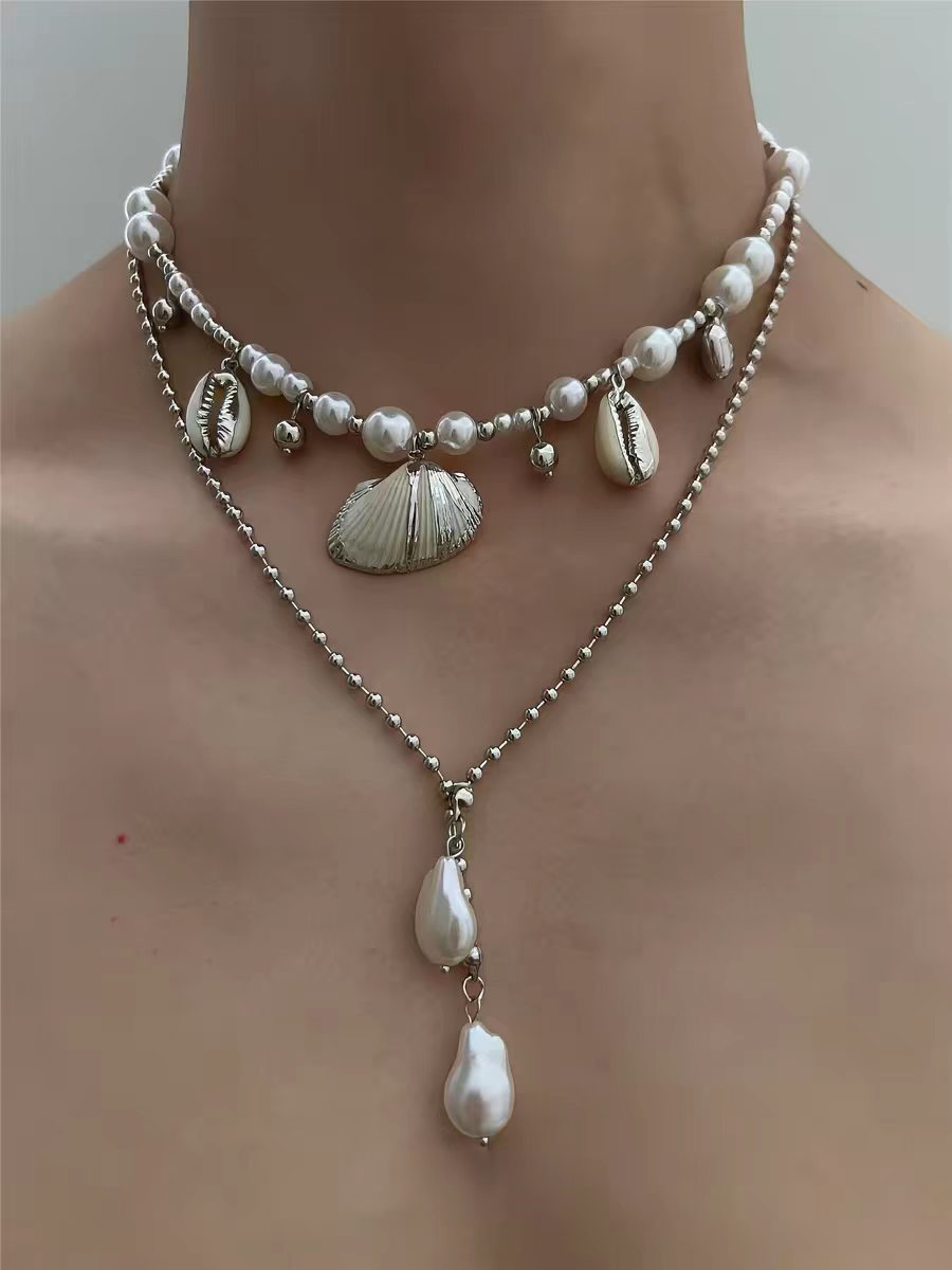 Double Layer Marine Style Shell Necklace With Electroplated Alloy Pendant And Imitation Pearl Inlay For Unisex