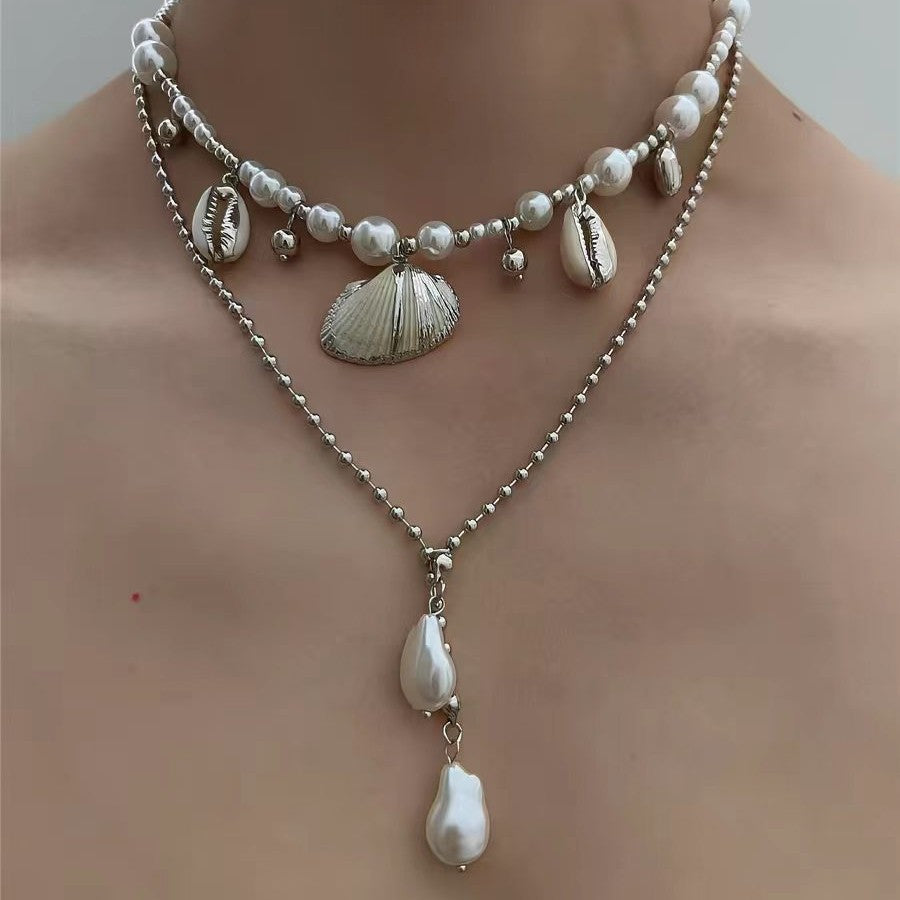 Double Layer Marine Style Shell Necklace With Electroplated Alloy Pendant And Imitation Pearl Inlay For Unisex