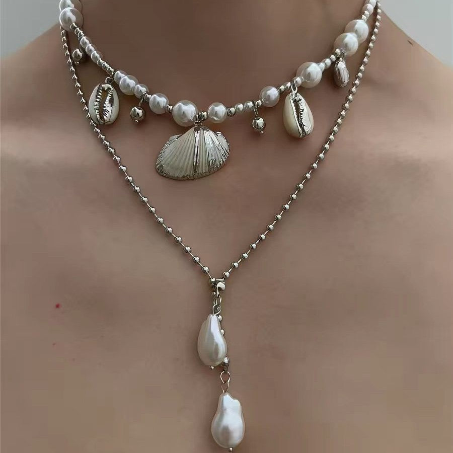 Double Layer Marine Style Shell Necklace With Electroplated Alloy Pendant And Imitation Pearl Inlay For Unisex