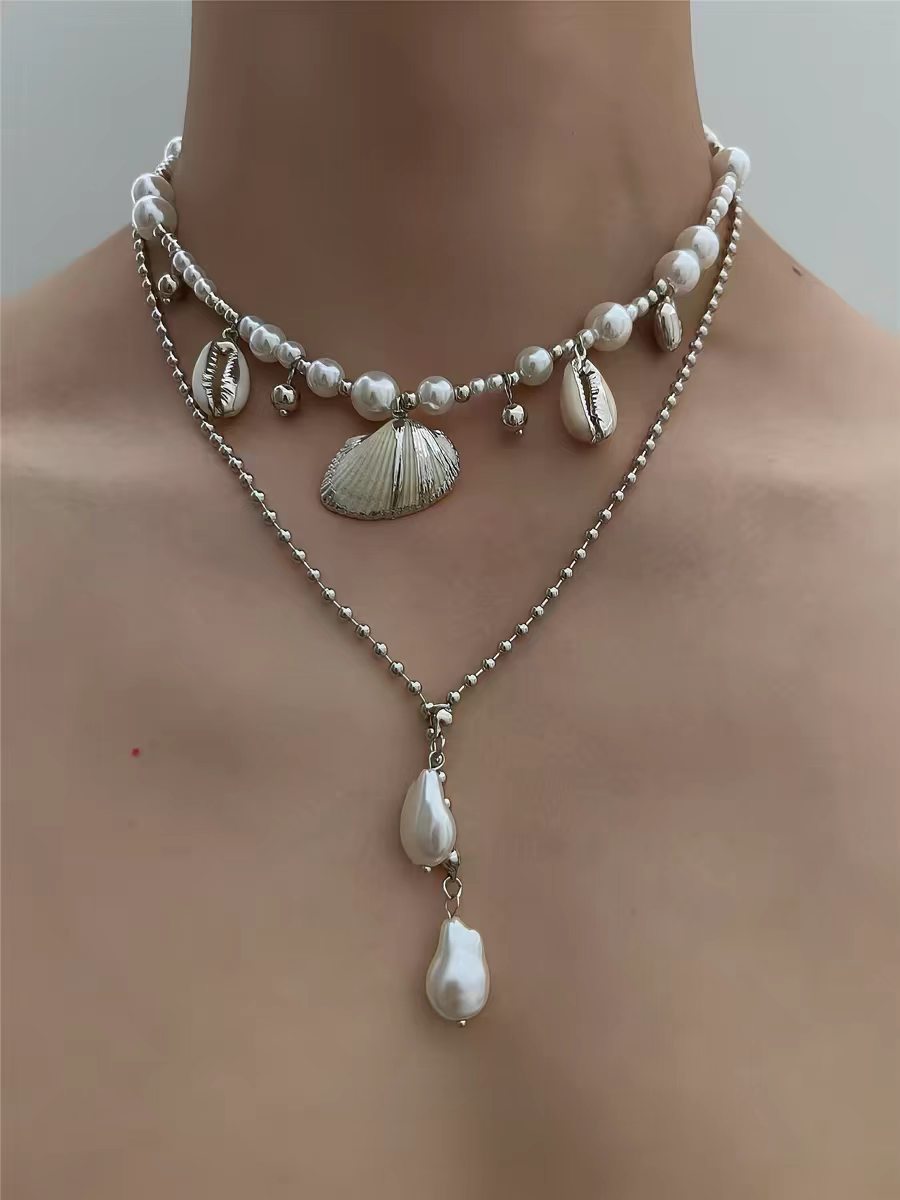 Double Layer Marine Style Shell Necklace With Electroplated Alloy Pendant And Imitation Pearl Inlay For Unisex