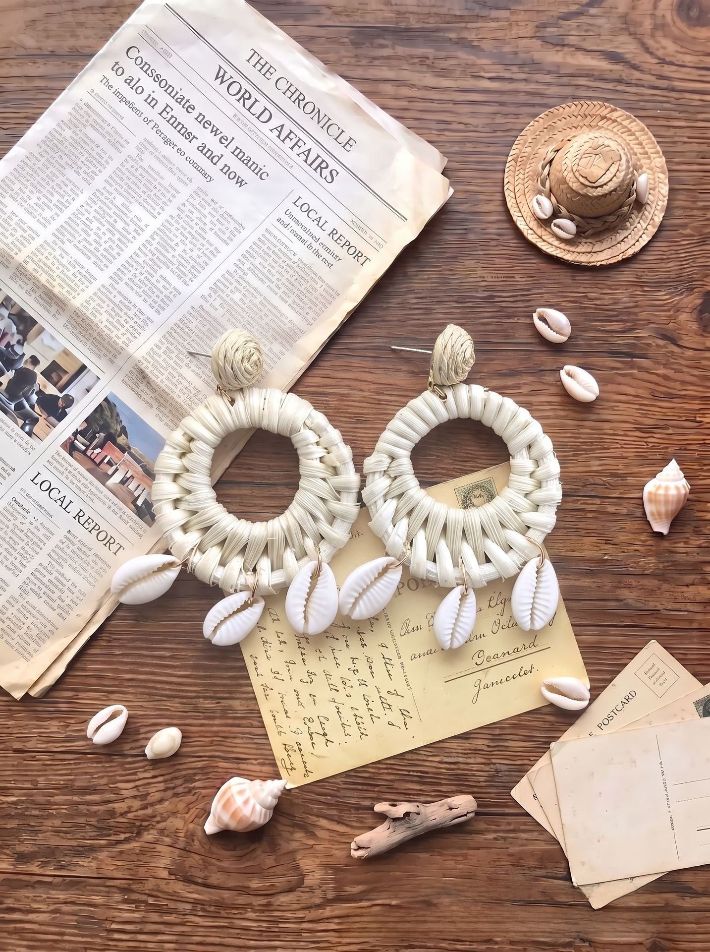 Handmade Ethnic Style Raffia Shell Earrings With 304 Stainless Steel Studs For Women In Coffer Color
