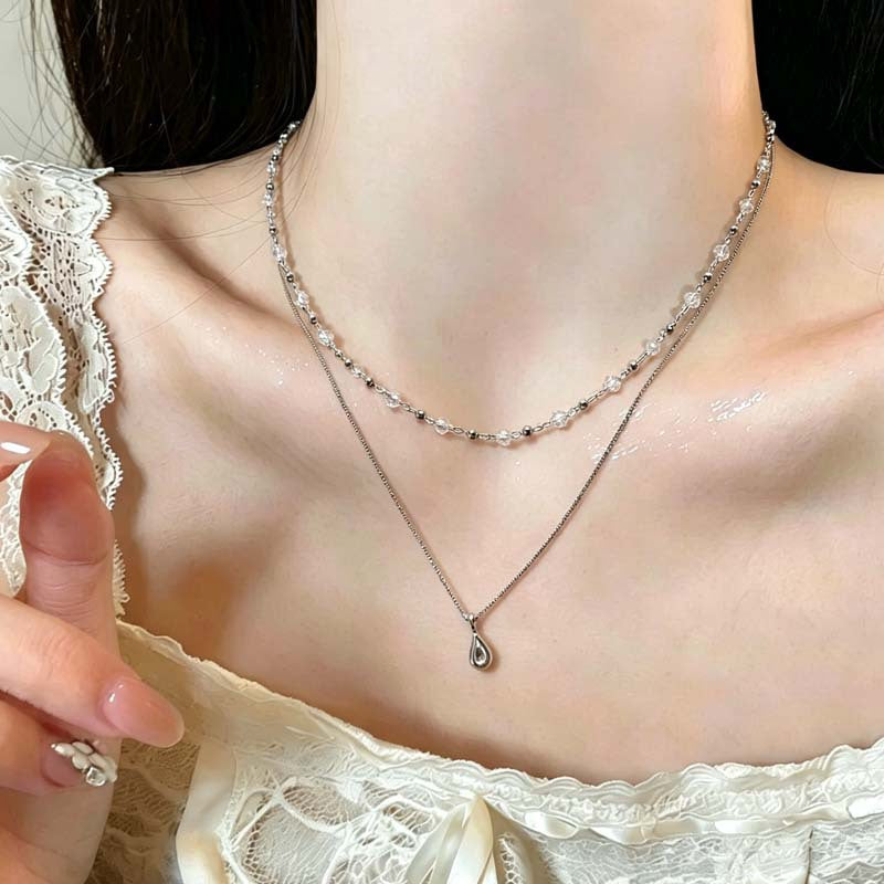 Double Layer Water Droplets Necklace For Women In Zinc Alloy With Electroplated Finish And Crystal Inlay Pendant