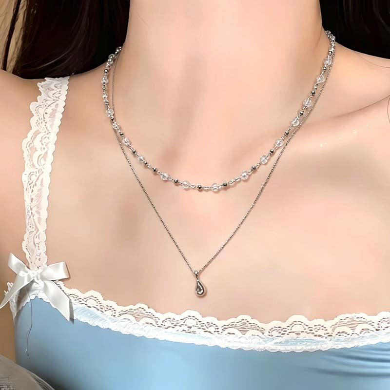 Double Layer Water Droplets Necklace For Women In Zinc Alloy With Electroplated Finish And Crystal Inlay Pendant