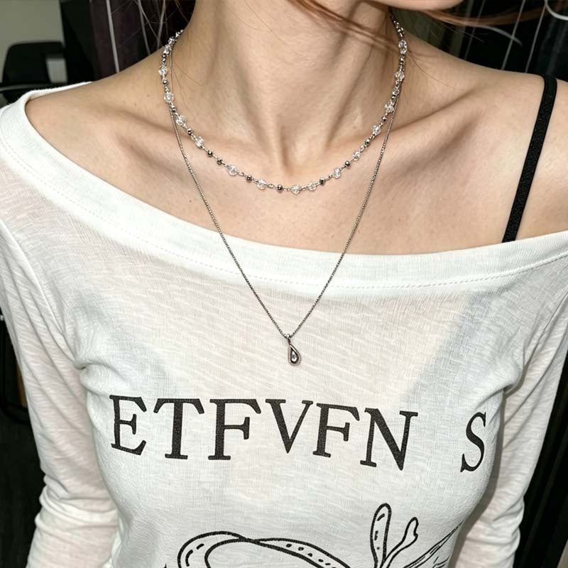 Double Layer Water Droplets Necklace For Women In Zinc Alloy With Electroplated Finish And Crystal Inlay Pendant