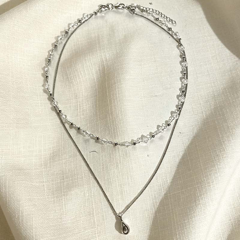 Double Layer Water Droplets Necklace For Women In Zinc Alloy With Electroplated Finish And Crystal Inlay Pendant