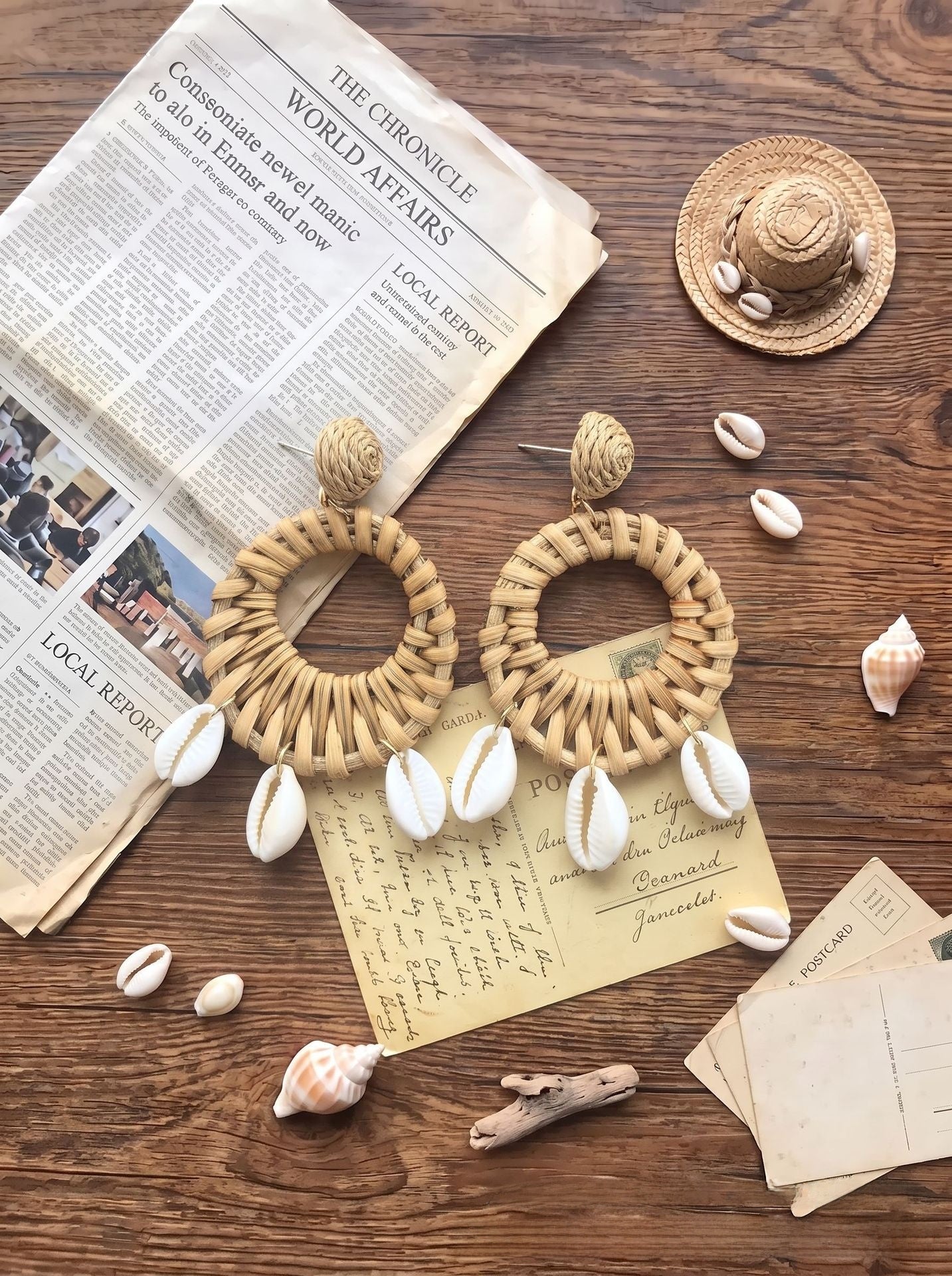 Handmade Ethnic Style Raffia Shell Earrings With 304 Stainless Steel Studs For Women In Coffer Color