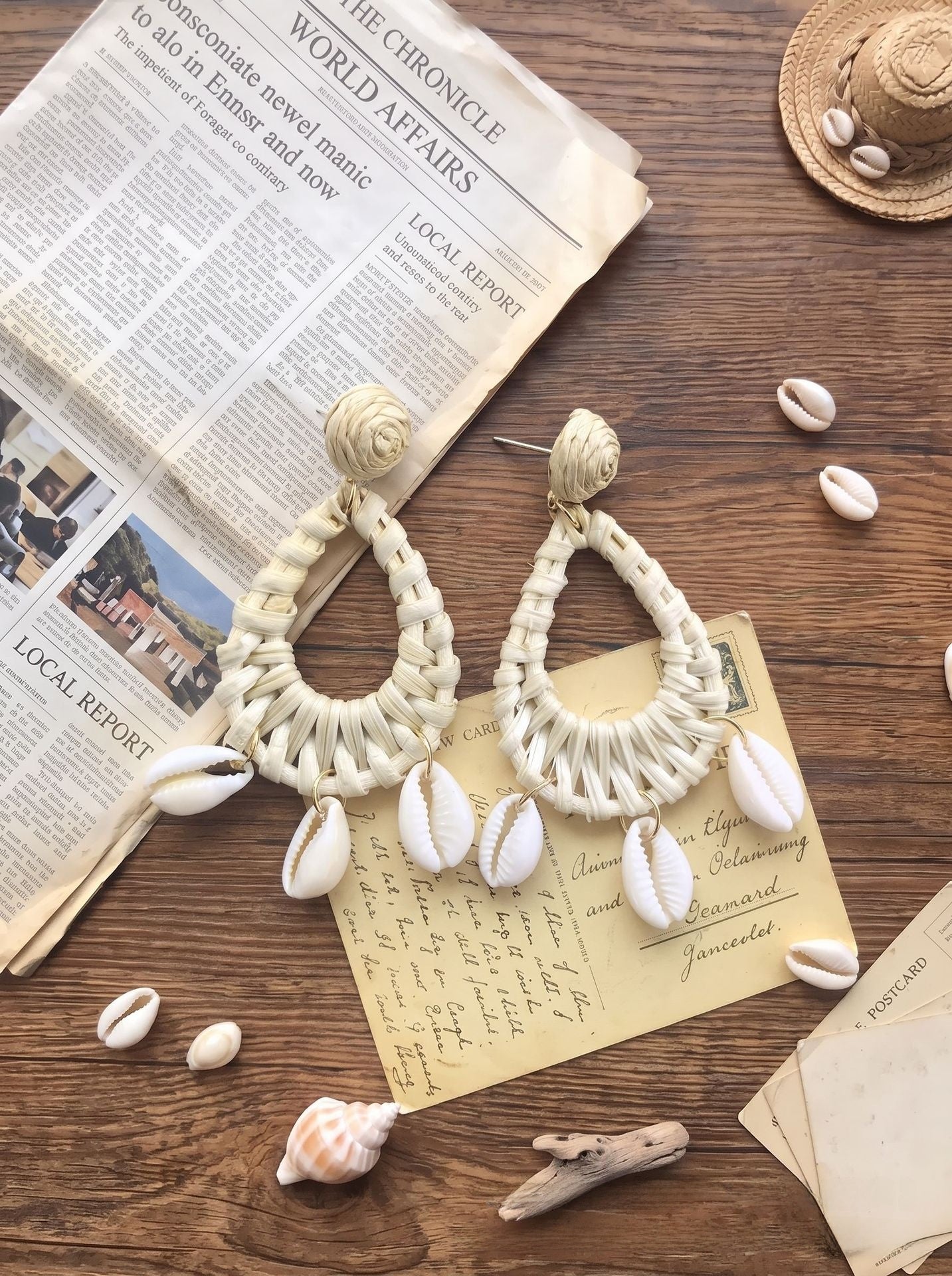 Handmade Ethnic Style Raffia Shell Earrings With 304 Stainless Steel Studs For Women In Coffer Color