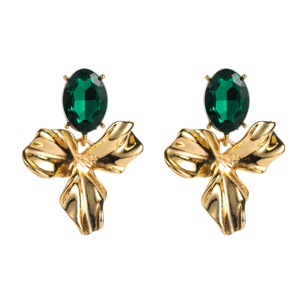 Flowers For Women Earrings Featuring May Birthstone Emerald With Alloy And Rhinestones, 925 Sterling Silver Ear Pins